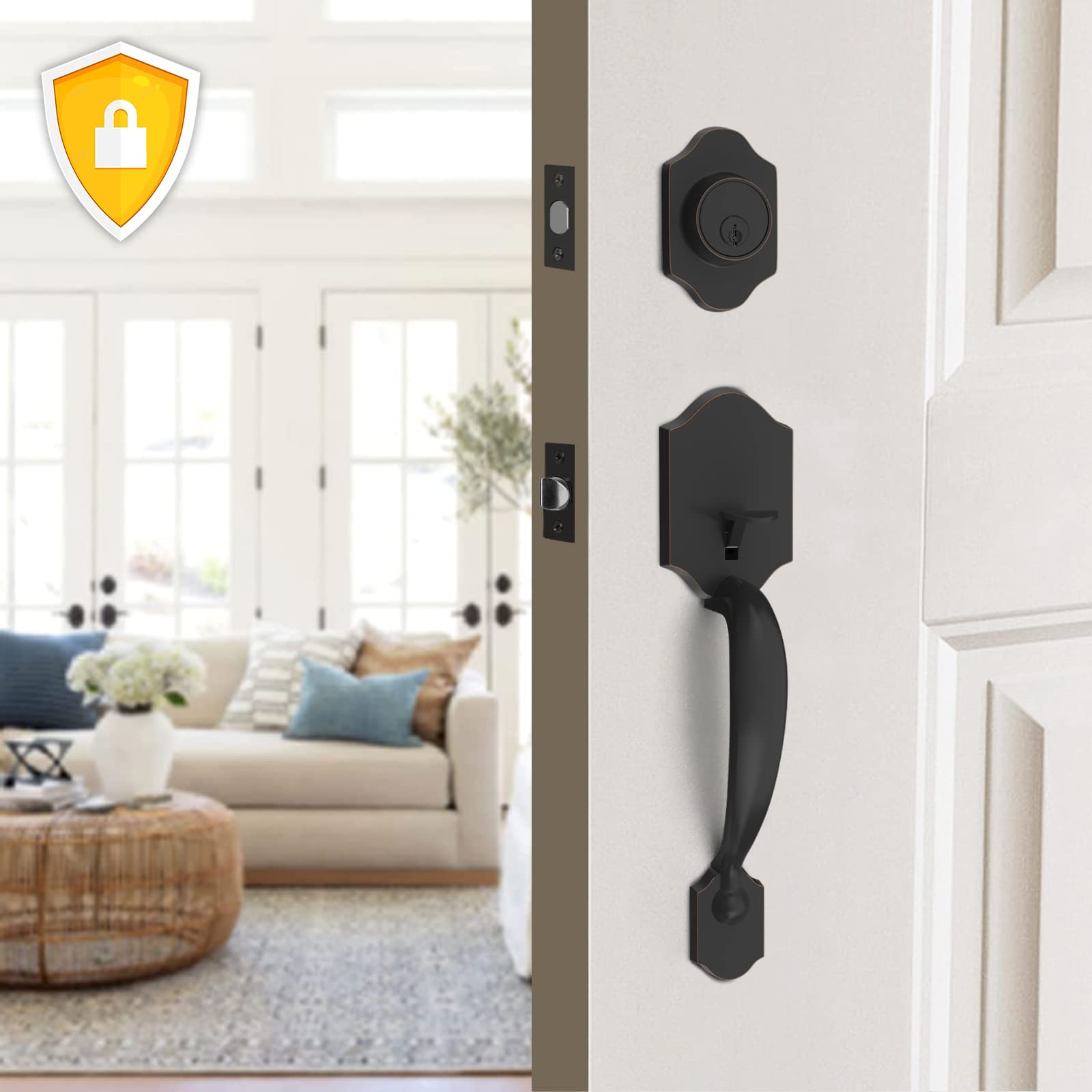 Haidms Oil-Rubbed Bronze Front Door Handle and Deadbolt Set - Single Cylinder Entry Door Lock with Reversible Handle Lever - Secure Exterior Door Lockset for Home, Office & Commercial Use