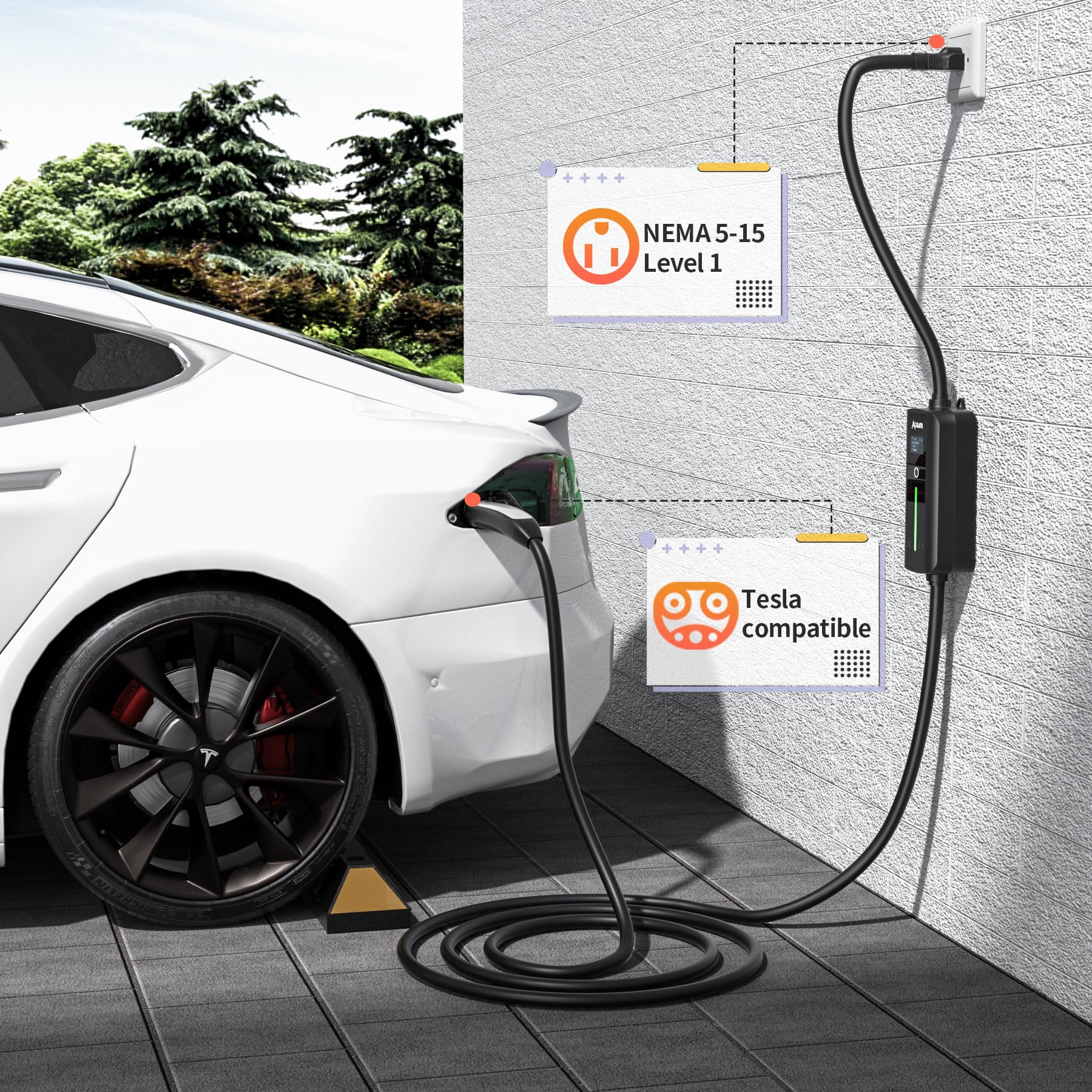 Alxum 16A Tesla Mobile Charger - Level 1 EV Charger (110V) Compatible with Tesla Models Y/3/S/X & Cybertruck | 16.4FT Cable with NEMA 5-15 Plug | Home & Travel Charging Solution