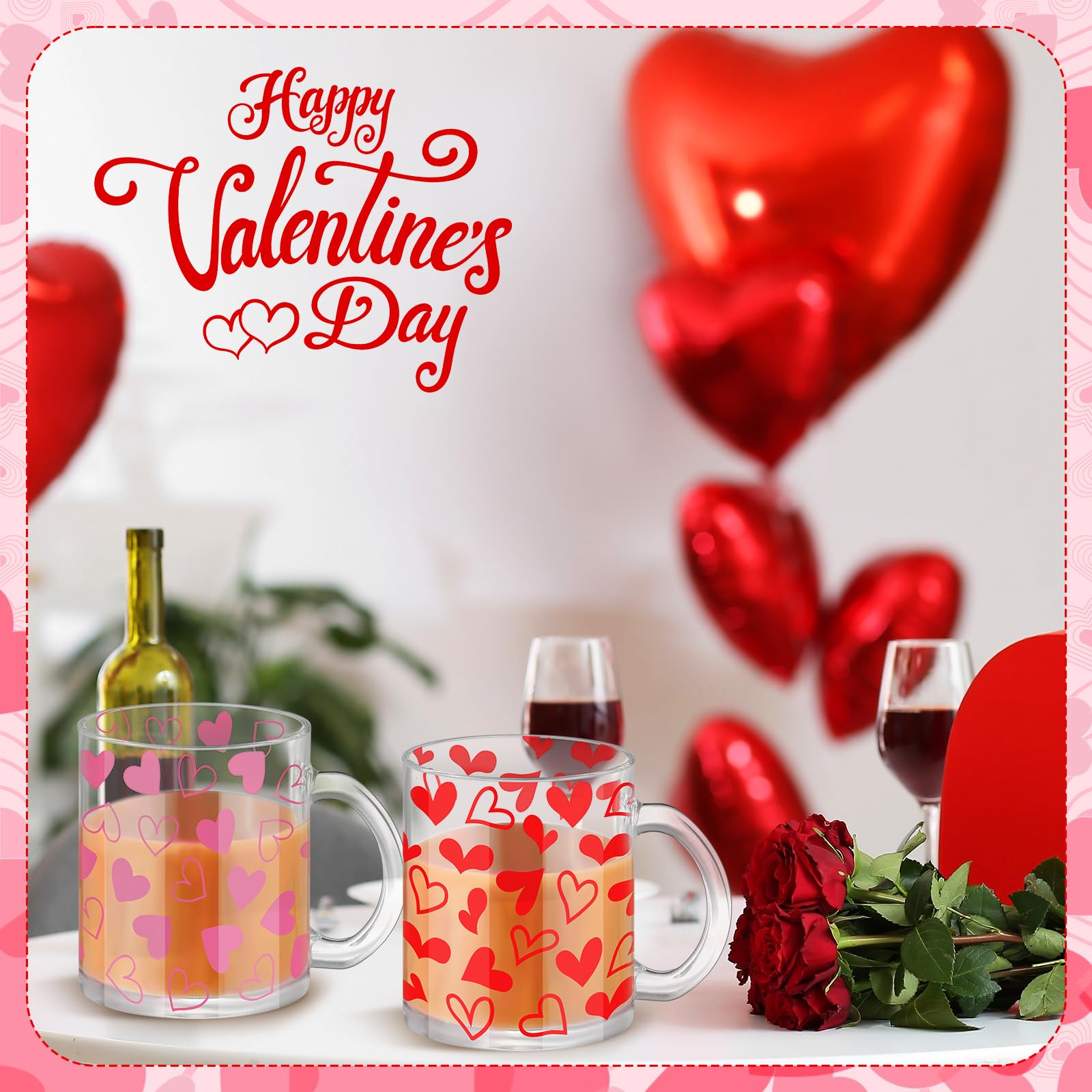 Tioncy 4-Piece Valentine's Day Coffee Mugs Set - 12 oz Heart-Shaped Glass Cups with Handle, Romantic Love Heart Coffee Mugs for Couples, Perfect Sweet Valentine's Gifts for Her/Him, Ideal for Valentine's Day Parties, Anniversaries & Romantic Breakfast in Bed