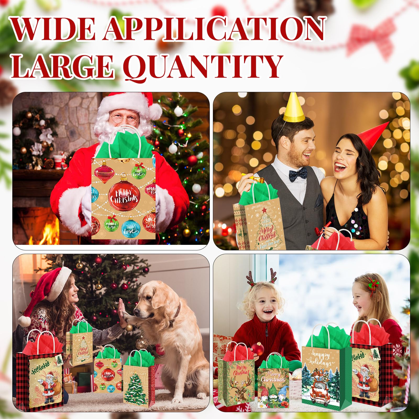 Cholemy 40-Pack Reusable Christmas Gift Bags with Tissue Paper - Holiday Party Favors