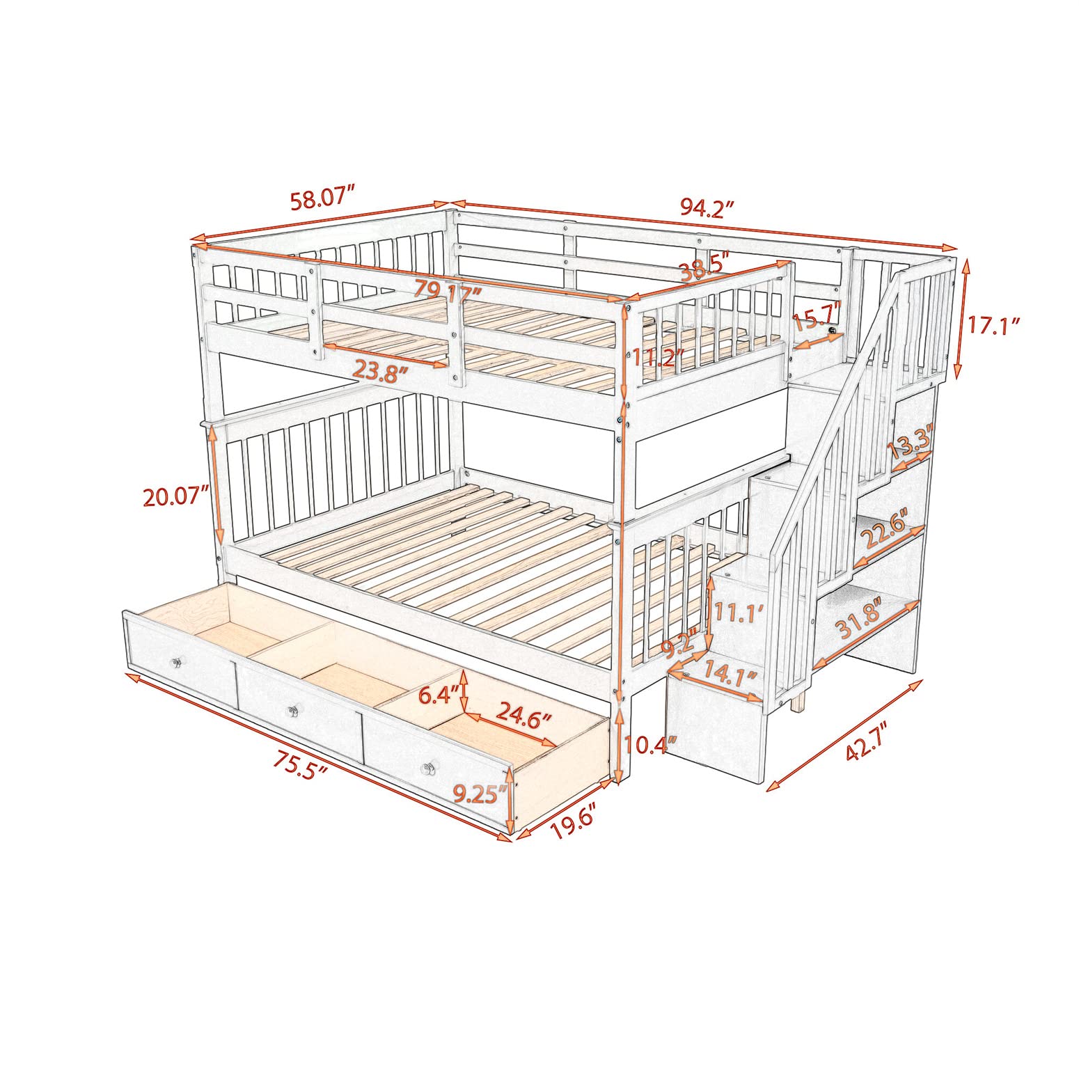 Full Over Full Bunk Bed with Stairs & Storage - Wood Frame for Kids/Adults - Space Saving Bedroom Solution