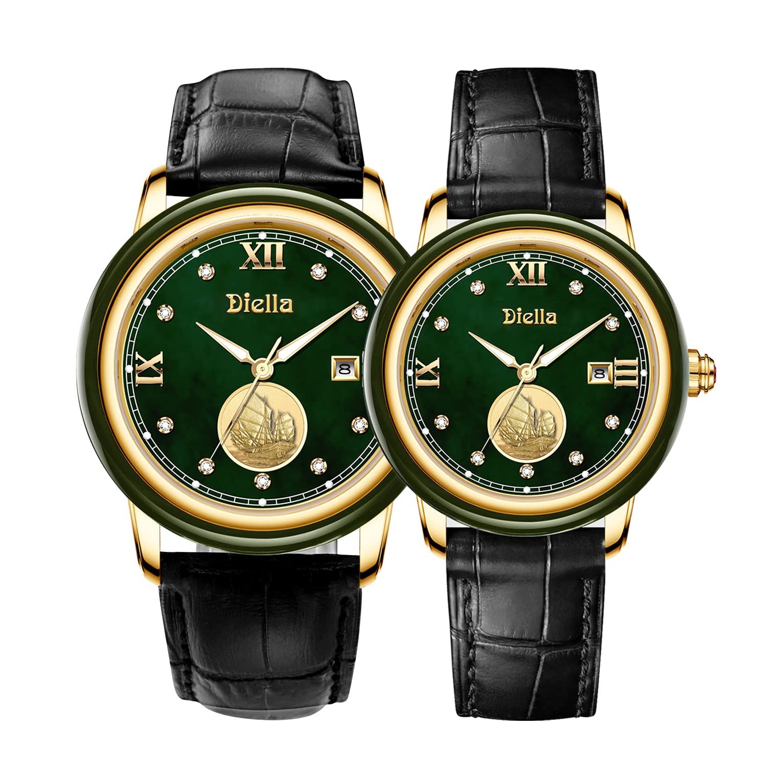 Diella Luxury Matching Couple Watches - Waterproof Japanese Quartz Movement, Genuine Leather Band, Elegant Jade Dress Watch with Date Display - Perfect Valentine's Day Gift for Him & Her (AD5002) | Anniversary, Wedding, Engagement & Romantic Date Night Accessories