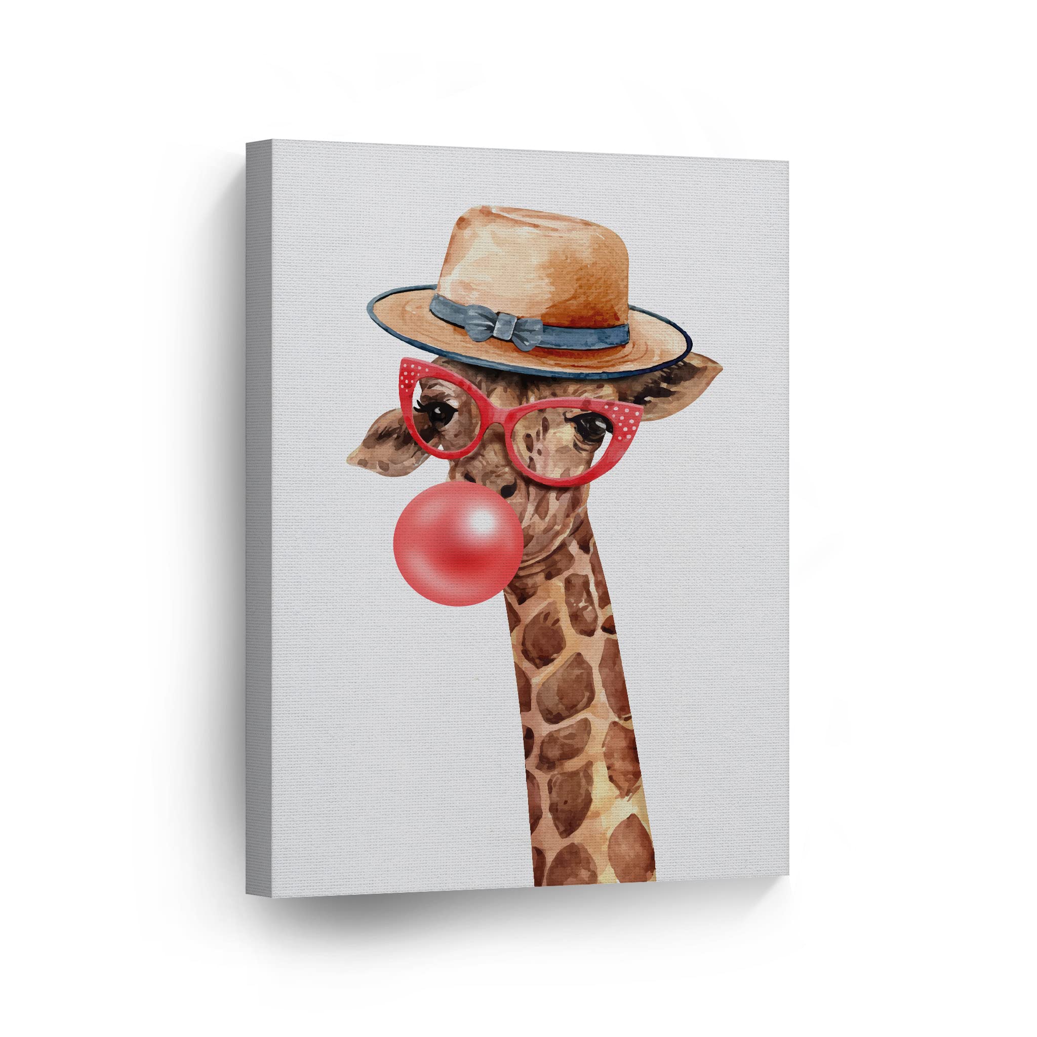 Giraffe Wearing Hat & Red Glasses Chewing Bubble Gum Canvas Wall Art Print - 40x30