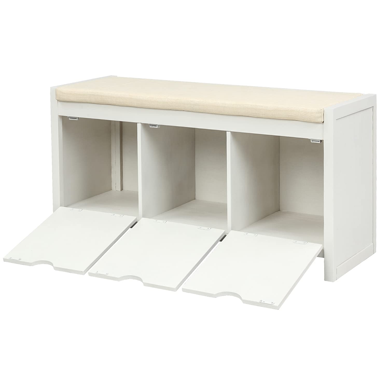 PovKeever Storage Bench with Removable Cushion & 3 Flip-Lock Storage Cubbies - Entryway Bench, Living Room Organizer, Shoe Storage (White) - Perfect for Small Spaces, Hallway Seating & Home Organization
