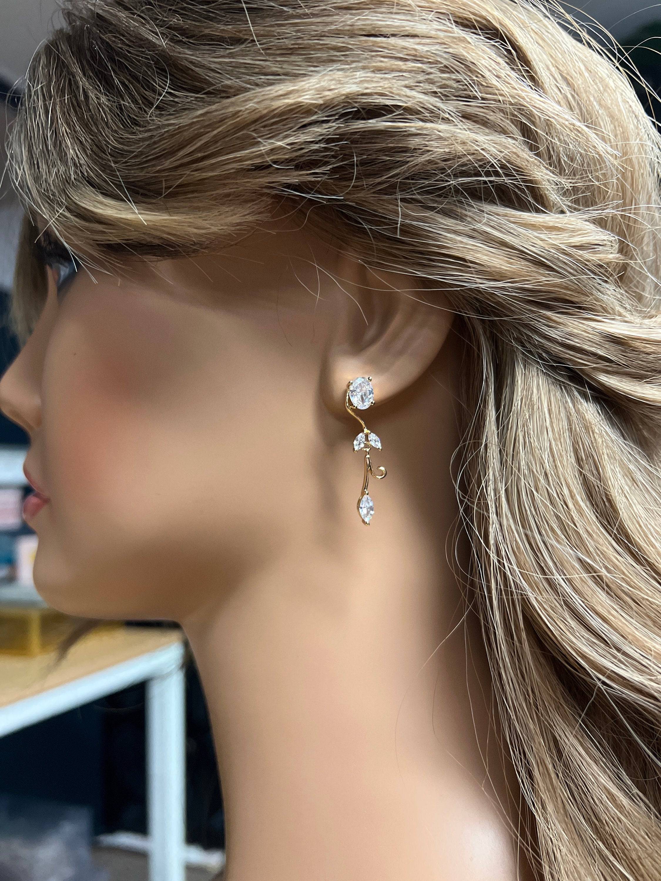CZ Gold Leaves Drop Vine Crystal Diamond Earrings for Women - Elegant Long Bridal Jewelry, Wedding Earrings, Crystal Statement Earrings for Bridesmaids, Prom, Party, and Special Occasions