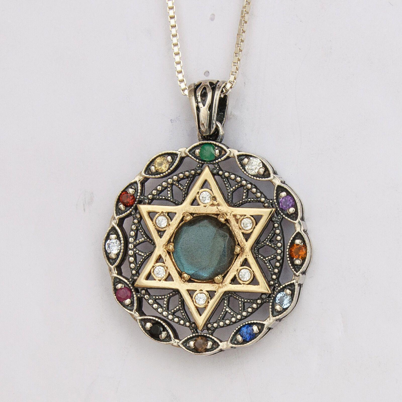 925 Sterling Silver Round Kabbalah Talisman Pendant with Hoshen Stones, Magen David & Labradorite Crystals - 9k Gold Plated - Spiritual Protection Jewelry for Meditation & Energy Healing