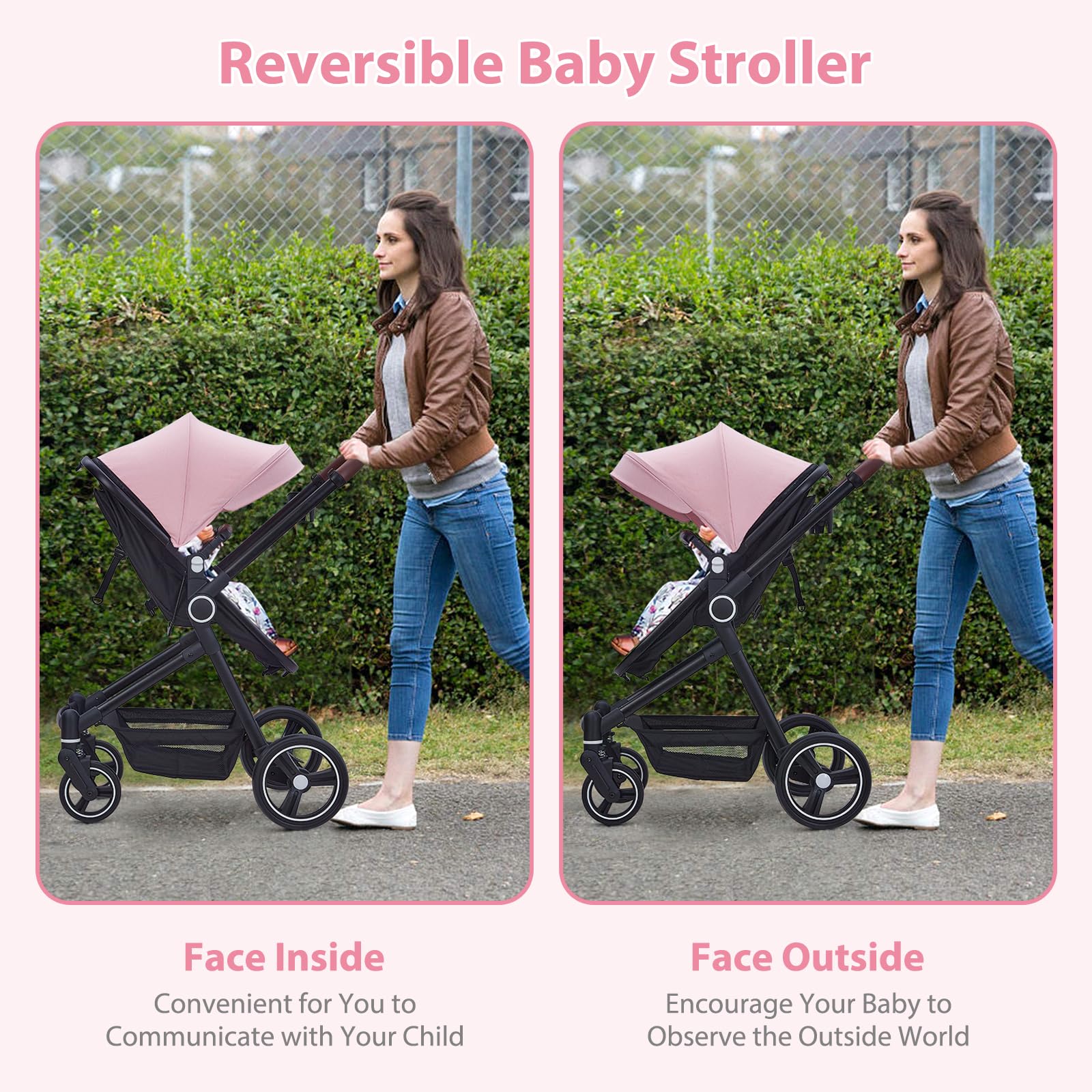 Convertible Baby Stroller with Bassinet Mode - Lightweight Foldable Aluminum Alloy Stroller for Newborns & Infants | Adjustable Reclining Seat & Shock Absorption | Perfect for Travel, Shopping & Outdoor Walks (Pink)