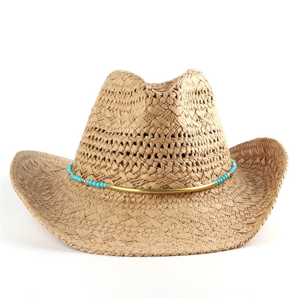 Vintage Western Cowboy Straw Hat for Men & Women - Wide Brim Sun Hat with Curled Edges - 56-58cm (Color A) - Perfect for Outdoor, Rodeo, Music Festivals & Beach Vacations