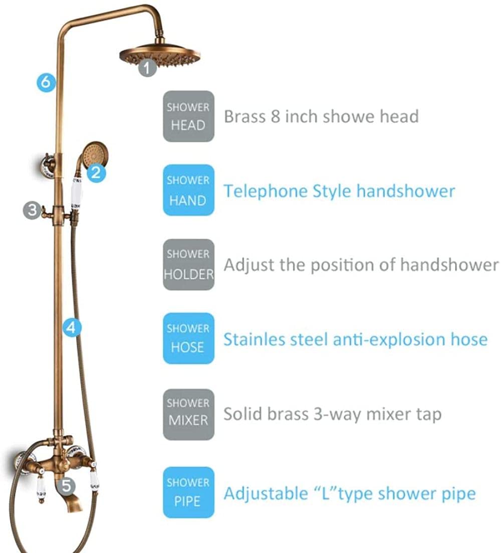 Antique Brass Shower Tap System - 8 Inch Rainfall Shower Head with Ceramic Hand Shower & Tub Spout, Wall Mounted Bathroom Fixture Set with Double Ceramic Handles | Perfect for Modern & Vintage Bathroom Renovations