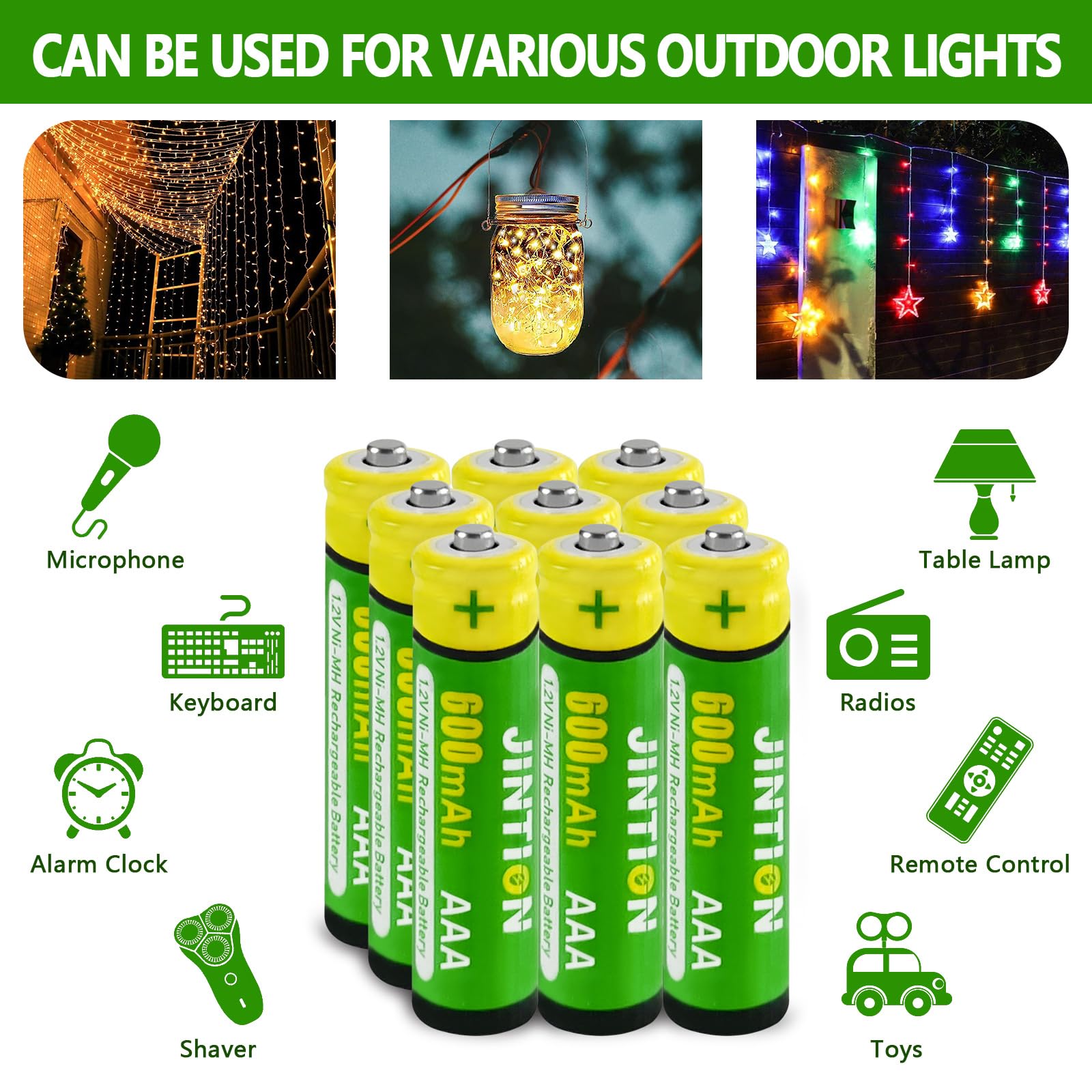 JINTION Ni-MH AAA 600mAh 1.2V Rechargeable Batteries - 8 Pack for Solar Outdoor Garden Lights, String Lights, Pathway Lamps, Toys, Remote Controls & Electronic Devices | Long-Lasting Power Solution