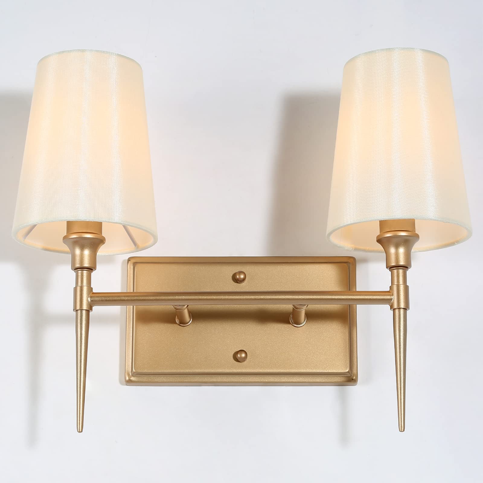 Classy Leaves 2-Light Gold Bathroom Vanity Light Fixture - Mid Century Modern Mirror Lighting with Elegant White Fabric Shade (15’’L x 6.5’’W x 12’’H) - Perfect for Bathroom, Powder Room & Dressing Area Makeup Lighting