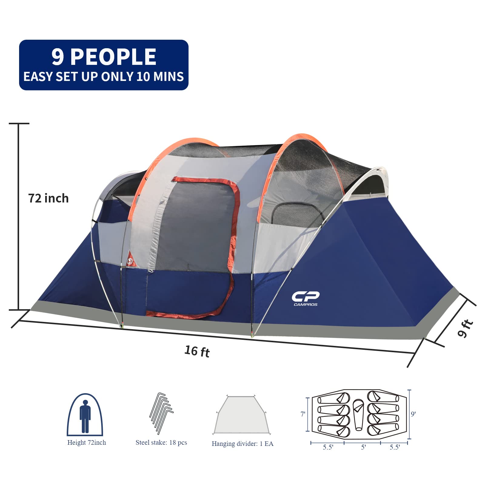 CAMPROS CP 9-Person Camping Tent - 2 Room Family Tent with Waterproof Rainfly, 4 Large Mesh Windows, Double Layer Design for All-Weather Protection - Easy Setup & Portable with Carry Bag - Perfect for Family Camping, Backpacking & Outdoor Adventures