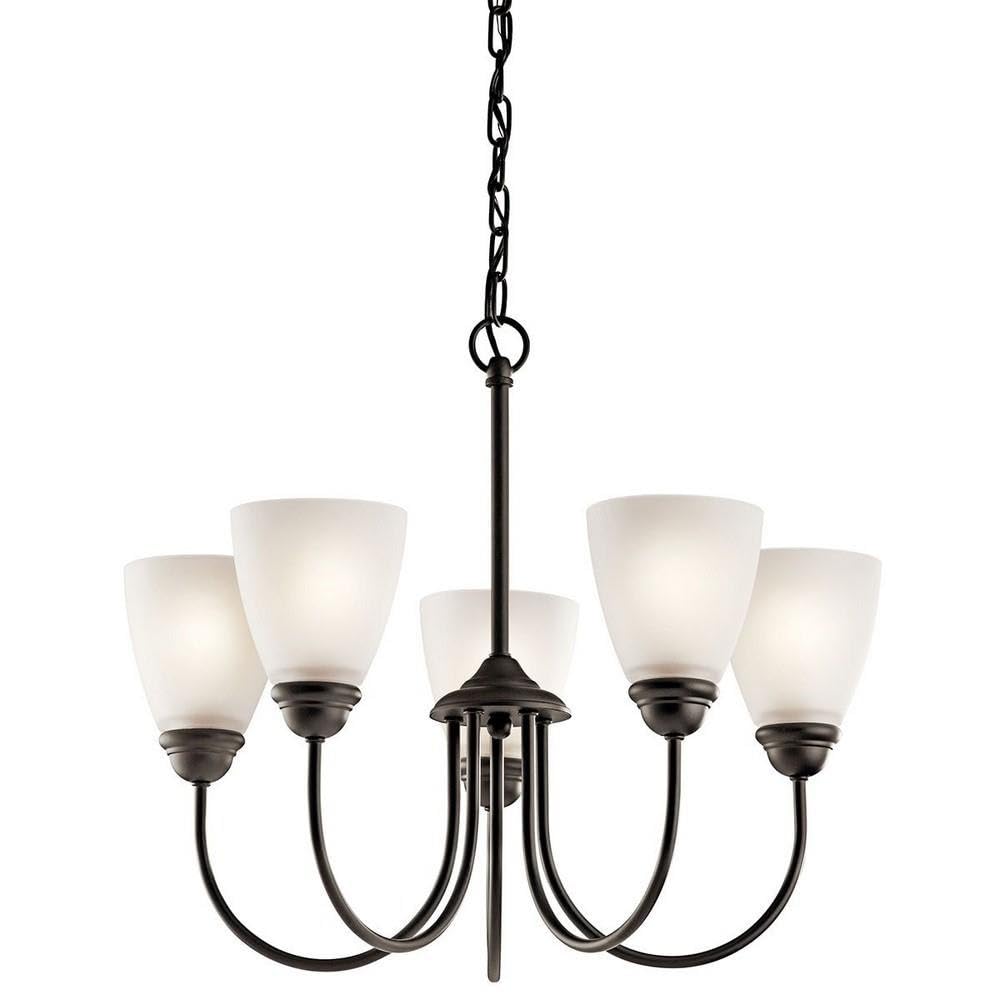 5-Light Contemporary Minimalist Chandelier - Satin Etched Glass Shade in Olde Bronze Finish - Perfect for Dining Room, Living Room or Bedroom Lighting