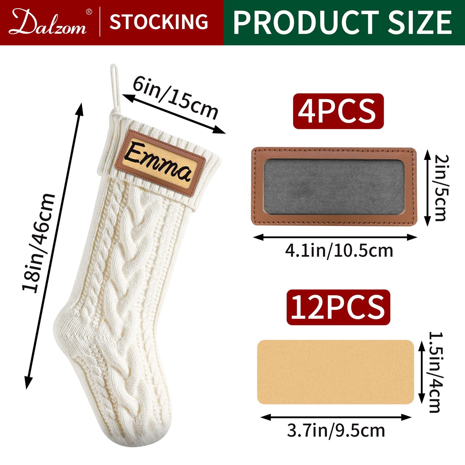 **Dalzom® 4Pcs Personalized Christmas Stockings with Leather Patches - Custom Name, 18