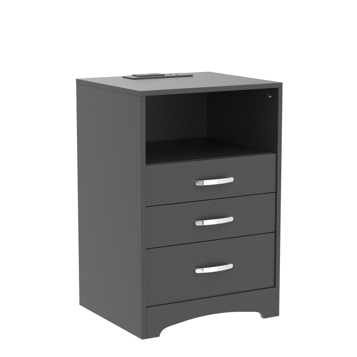 Black Nightstand with 3 Drawers & Charging Station - Bedside Table for Bedroom Storage & Organization