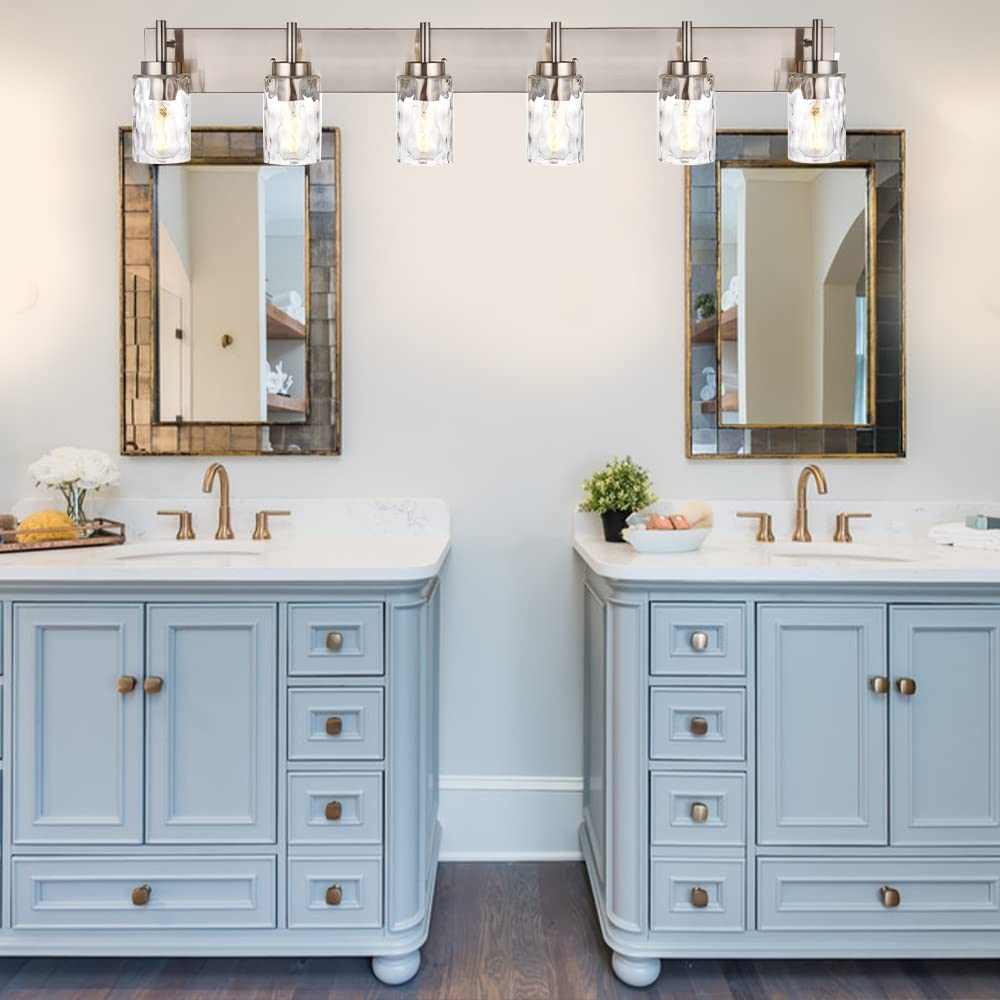 BONLICHT Mid-Century Modern Bathroom Vanity Wall Light - 6-Light Farmhouse Sconce with Clear Water Glass Shade, Brushed Nickel Finish - Perfect for Bathroom Mirror Lighting, Dining Room Wall Decor & Dressing Table Illumination