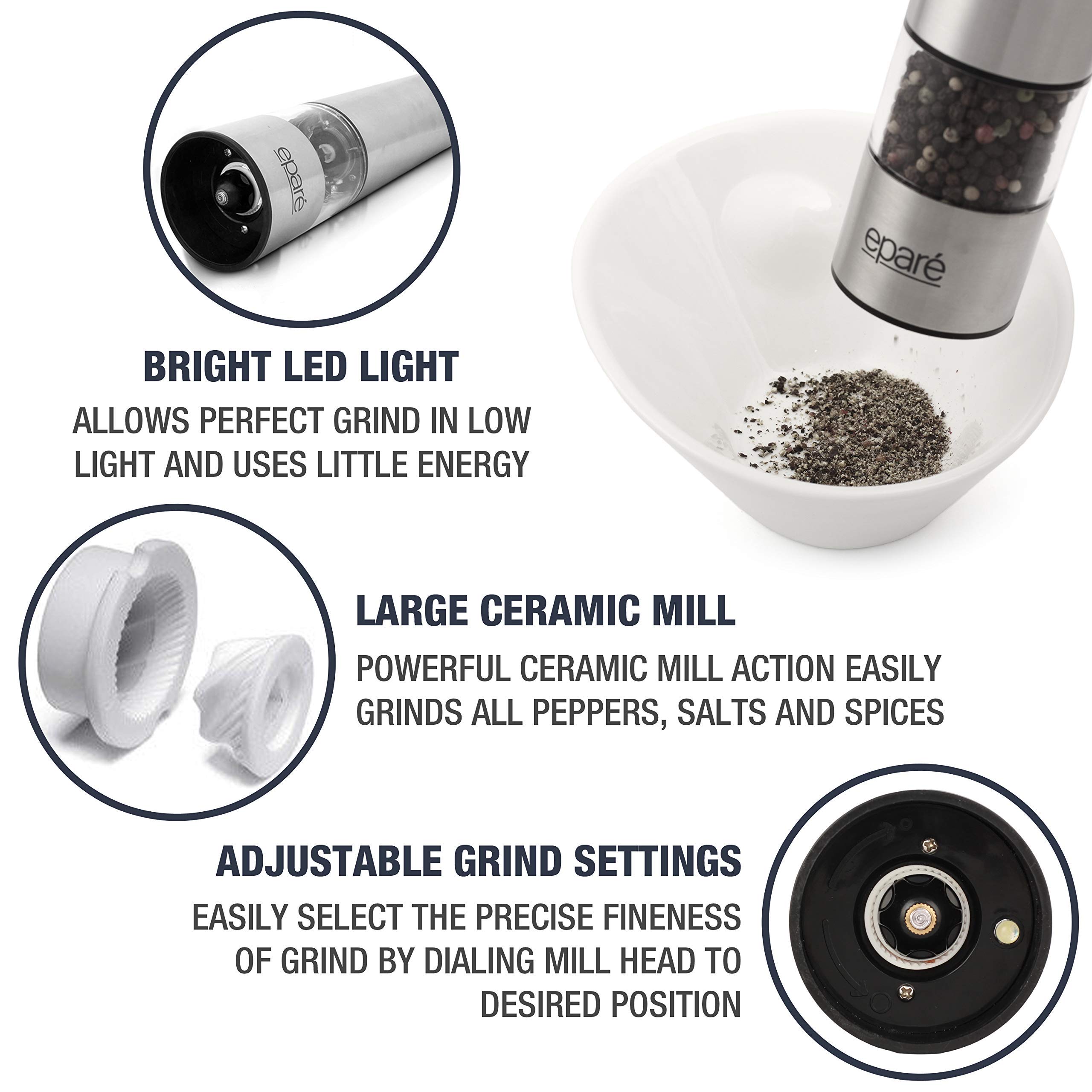 Premium Electric Salt & Pepper Grinder Set with Steel Egg Cracker - Battery Powered Ceramic Burr Mill & Complete Soft Boiled Egg Tool Kit for Kitchen, Dining & Gourmet Cooking