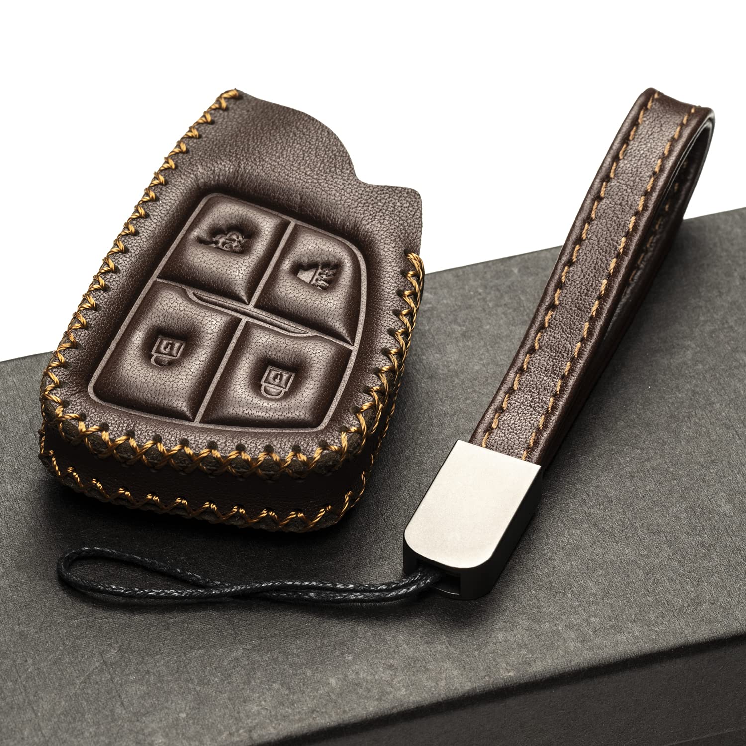 Genuine Leather Smart Key Fob Case with Leather Key Strap for Chevrolet Suburban/Tahoe/Silverado 2025 (4-Button, Brown) - Premium Protection & Style for Your Car Keys | Perfect for Daily Use, Travel & Gift Giving