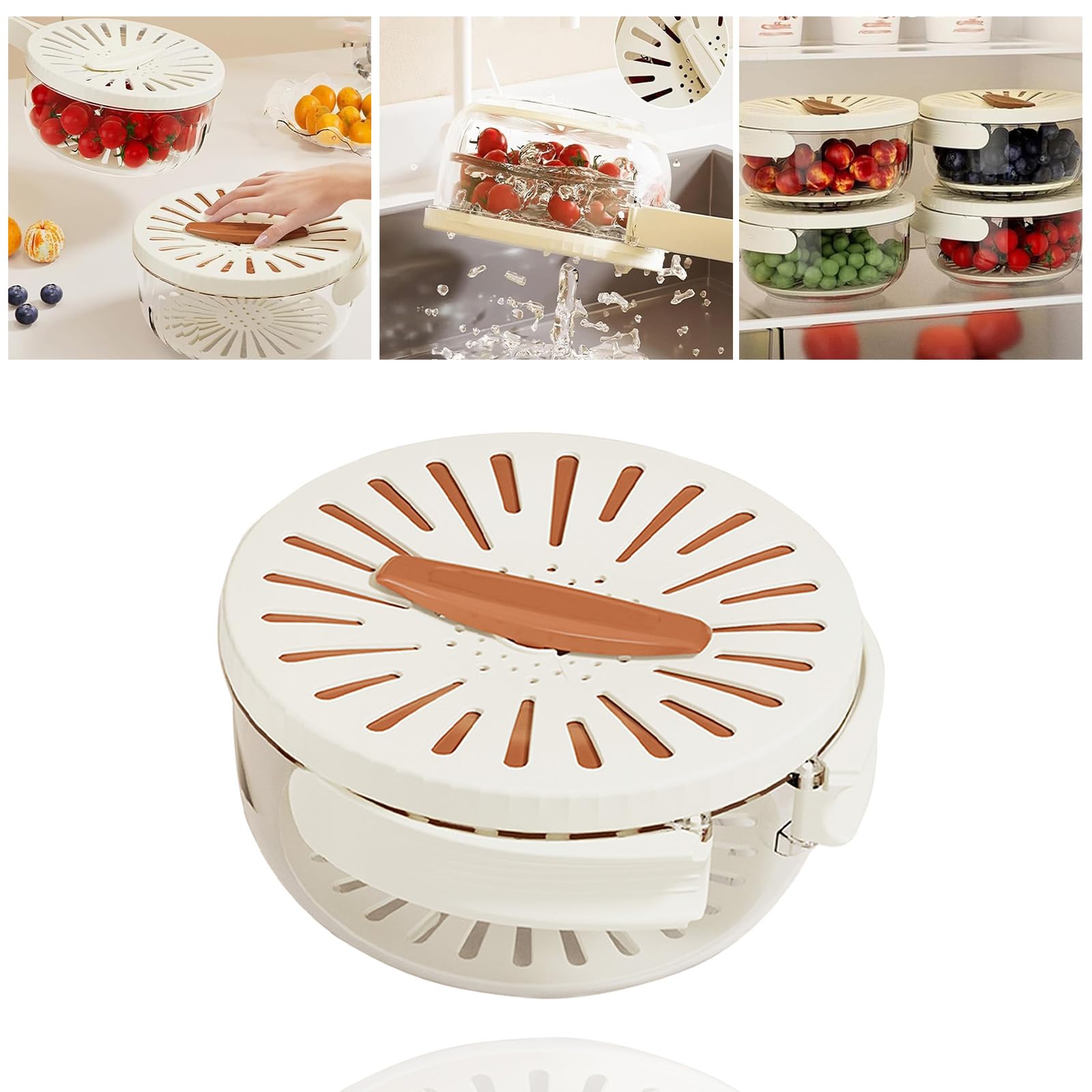 2-in-1 Fruit and Vegetable Washing Bowl with Strainer - Drain & Preserve Basket with Handle - Perfect for Kitchen, Picnics & Camping (6 Inch, Brown)