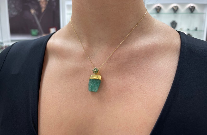 14K Gold Raw Hand Carved Emerald Crystal Pendant Necklace - 24tcw May Birthstone Jewelry for Women, Gift for Mom, Birthday, Anniversary & Special Occasions