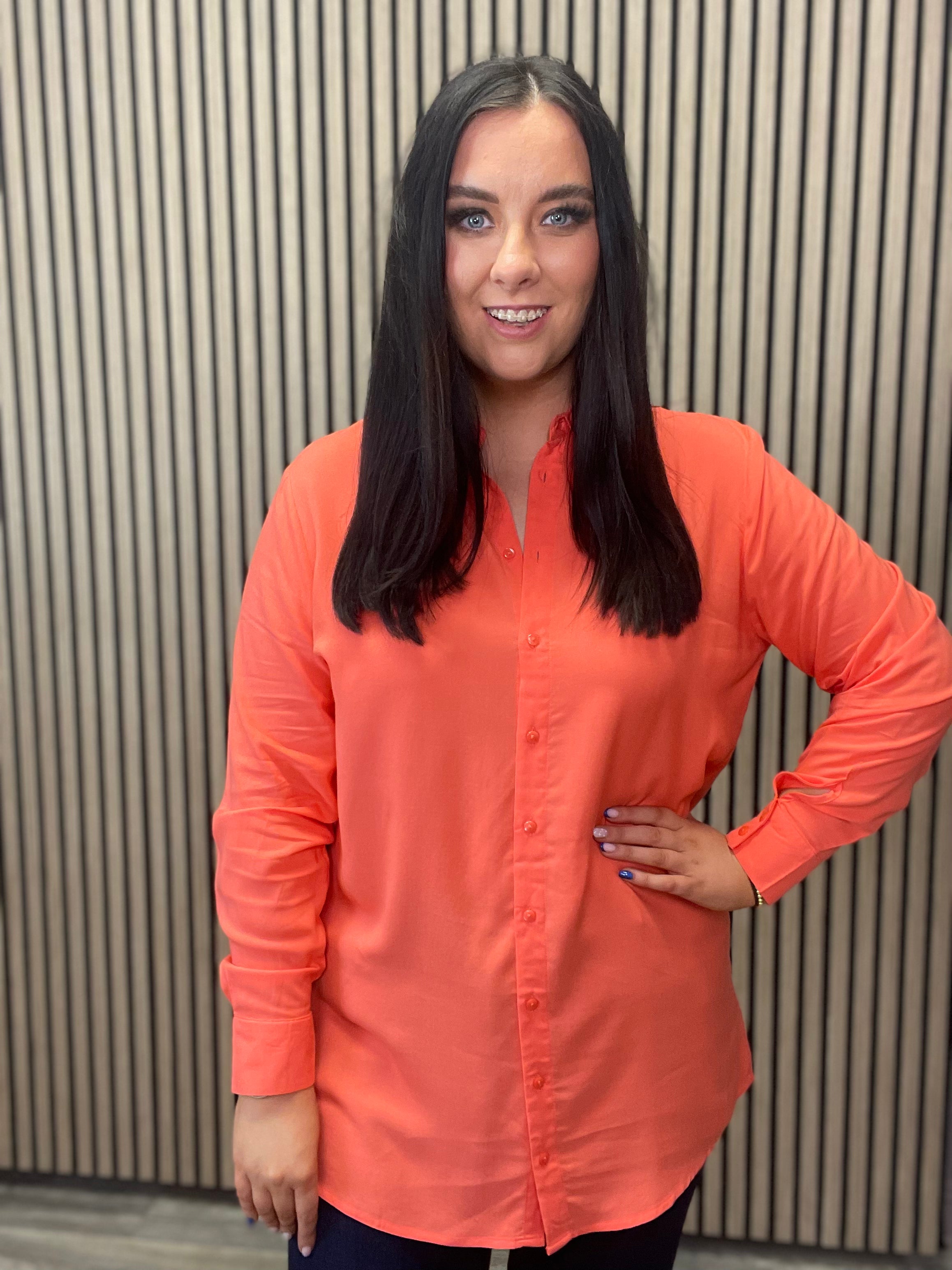 AINE Women's Longline Shirt - Coral Pink Oversized Button Down Blouse for Casual & Work | Perfect for Office, Date Night & Spring Layering