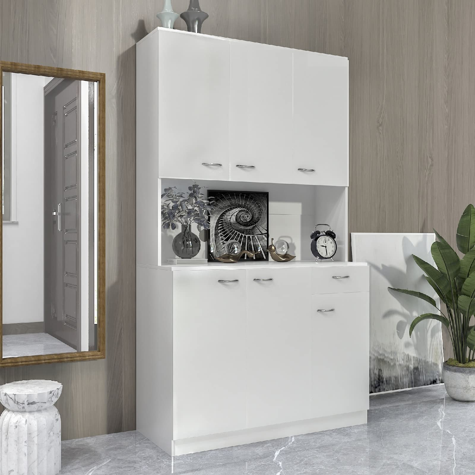 Otryad White Kitchen Storage Cabinet with 6 Doors, 1 Drawer & Open Shelf - Organize Bedroom, Kitchen & Pantry - Perfect for Small Spaces, Apartments & Home Organization