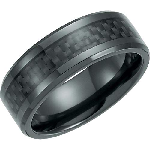 Black Titanium 8mm Beveled-Edge Band Ring with Carbon Fiber Inlay - Stylish Women's Fashion Jewelry - Perfect Gift for Her - Ideal for Weddings, Anniversaries & Everyday Wear