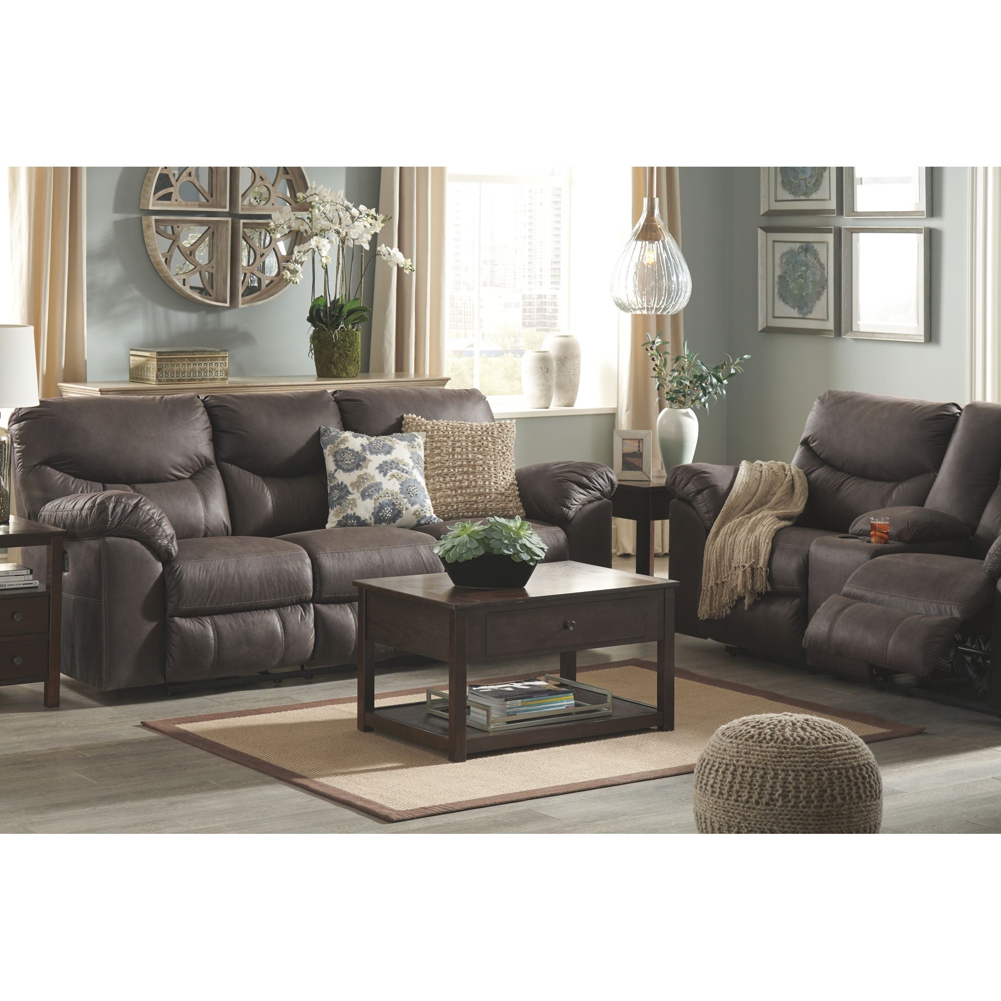 Boxberg Power Reclining Loveseat with Console - Teak Brown Modern Recliner Sofa for Living Room, Home Theater & Small Spaces - USB Charging & Cup Holders