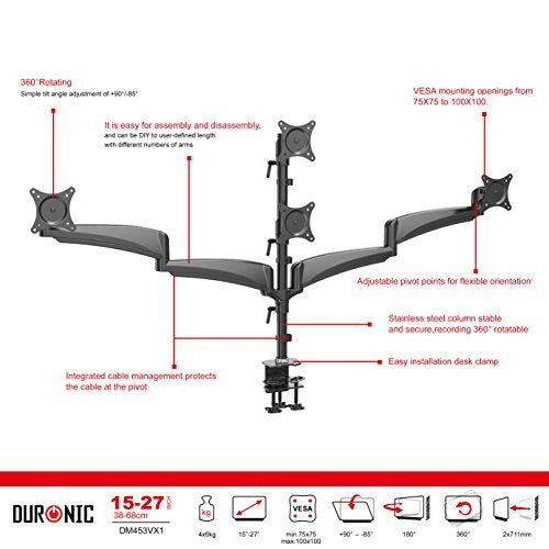 Duronic DM453VX1 Quad Monitor Arm Stand | Heavy Duty Steel Desk Mount | Height Adjustable for 15-27