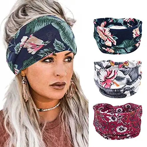 Boho Stretch Headbands 3 Pack - Wide Bandeau Hair Accessories for Women & Girls - Perfect for Yoga, Workouts, and Everyday Fashion