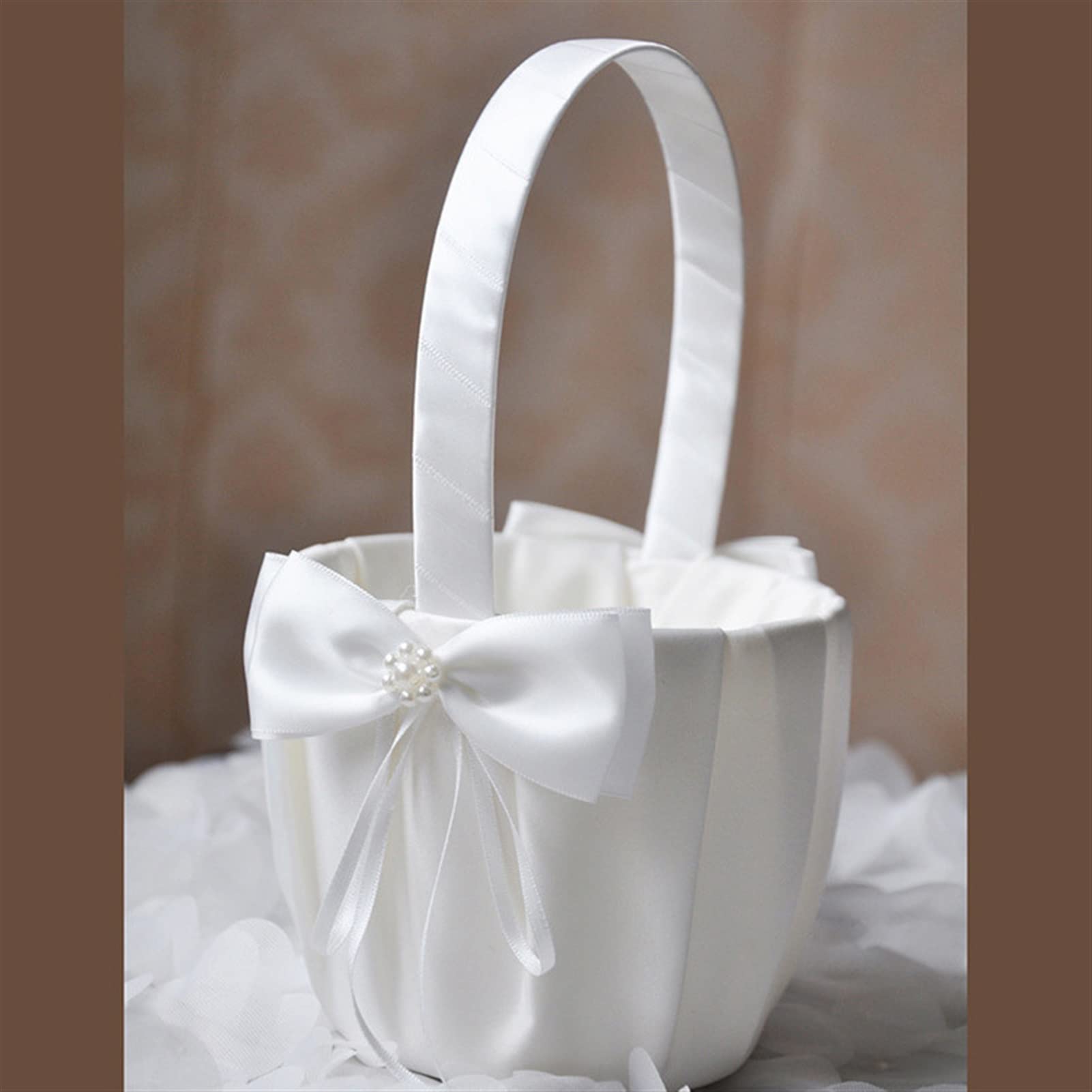 Elegant White Flower Girl Basket - 13x22cm Wedding Party Decor with Simulated Petals for Candy & Flower Petals - Perfect for Bridal Showers, Garden Weddings & Home Decor Gifts