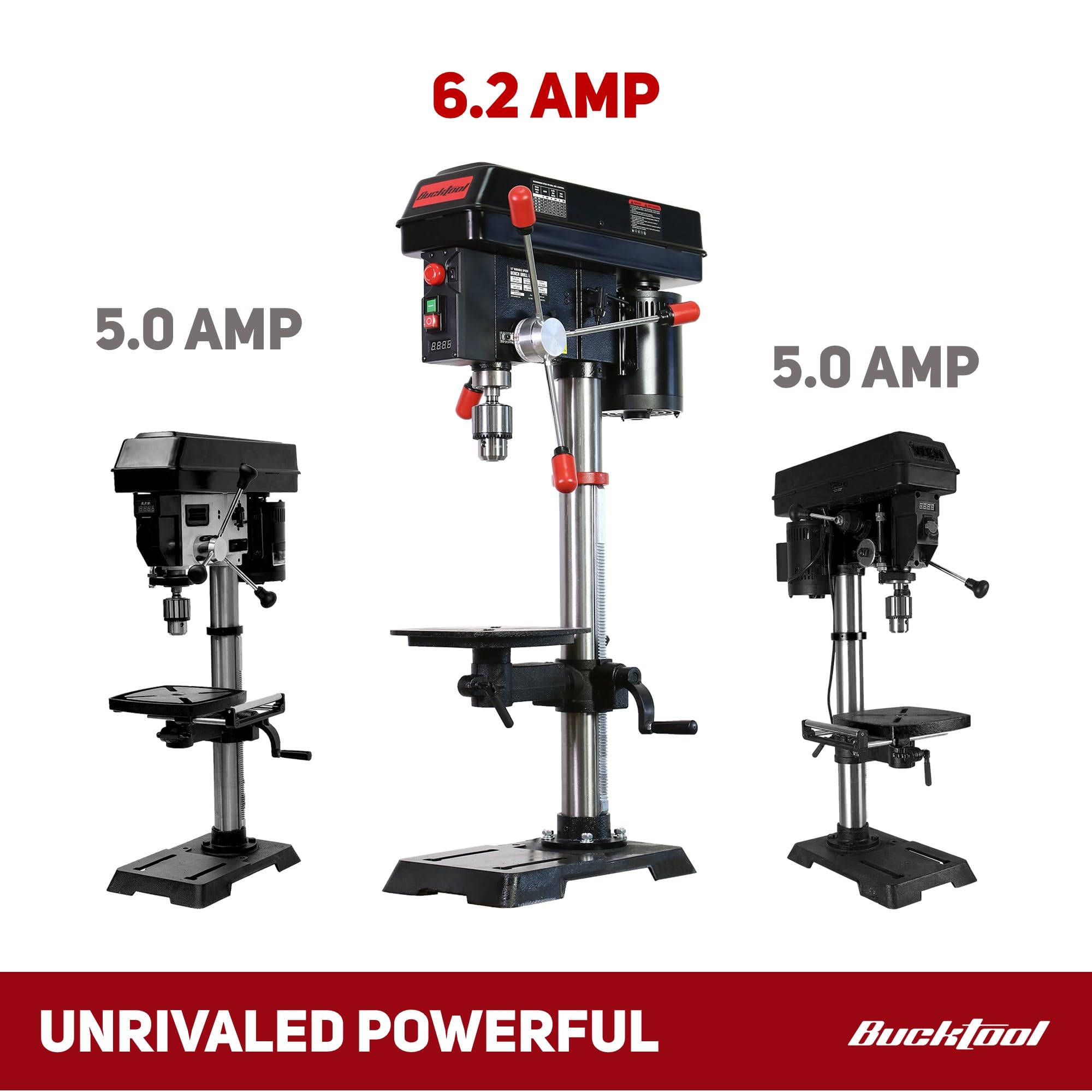 BUCKTOOL 12 Inch 6.2A Professional Bench Drill Press - 3/4HP Powerful Benchtop Drill Press with Variable Speed, IIIA Laser & Work Light - Perfect for Woodworking, Metalworking & DIY Projects