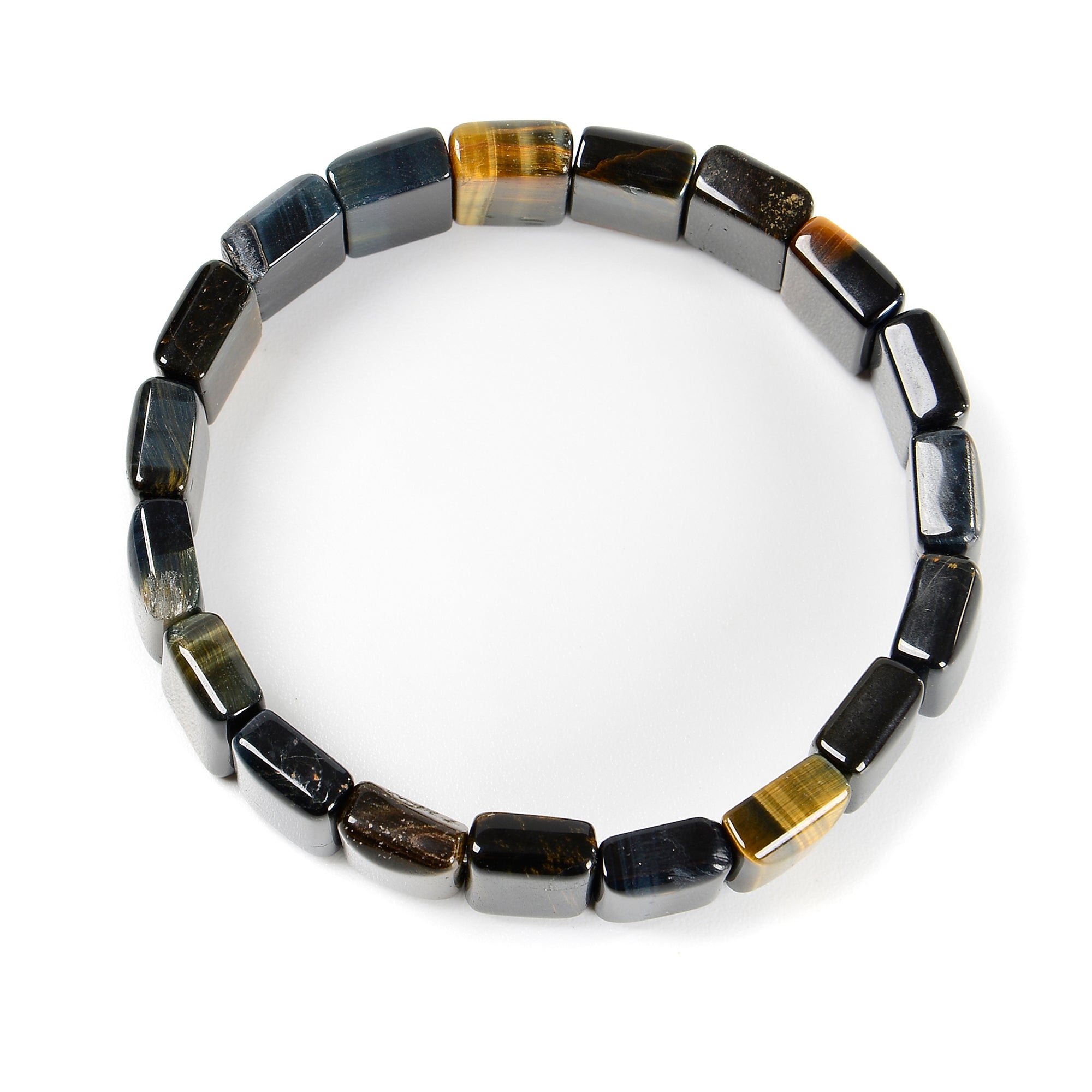 Golden Blue Tiger Eye Rectangle Double Drill Beaded Bracelet - 11x14mm Gemstone Beads, 7.5