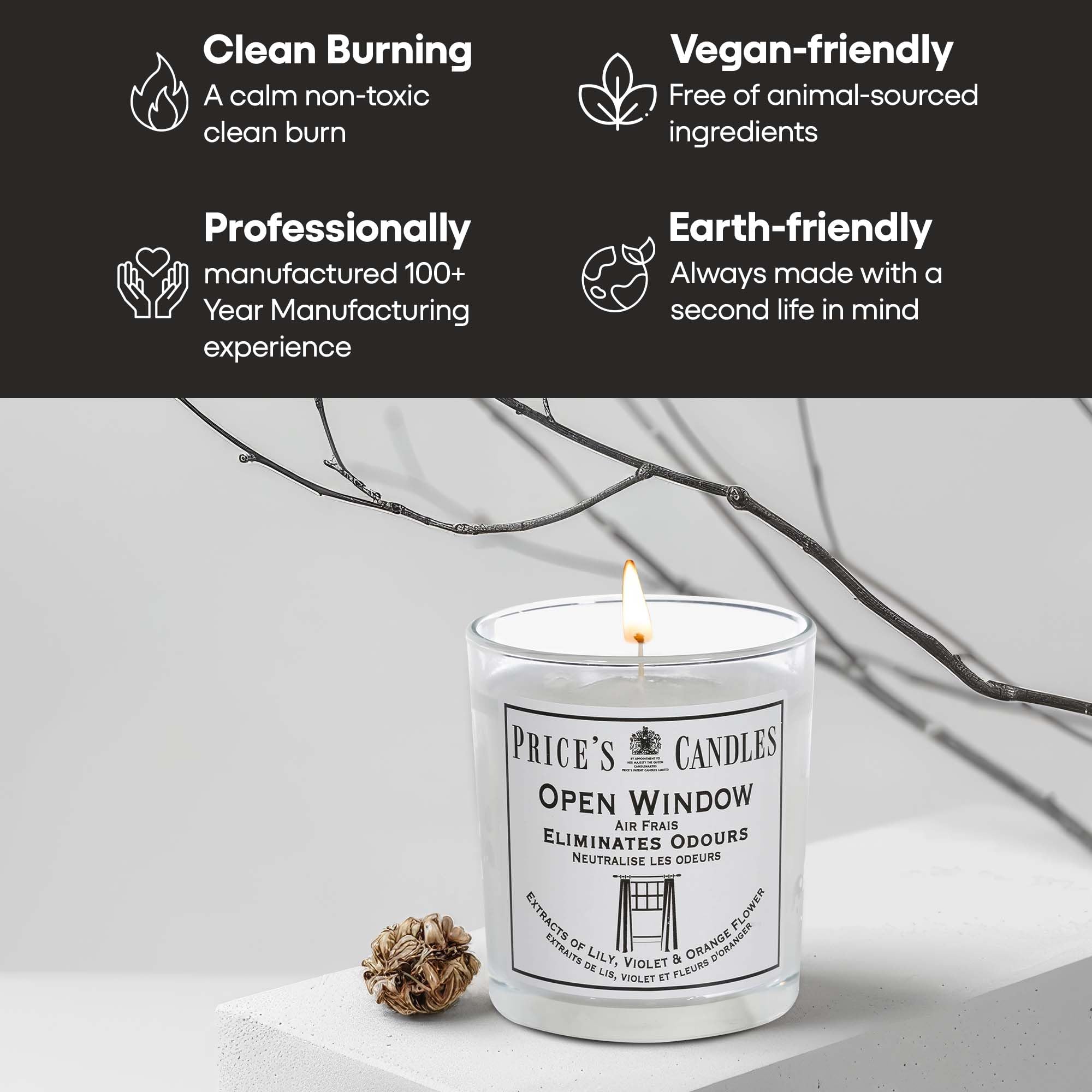Price's Open Window Jar Candle - Odor Eliminating Scented Candle with Lily, Violet & Orange Blossom Extracts - Long Lasting Fresh Fragrance for Home, Bathroom & Office - 100% Natural Air Freshener