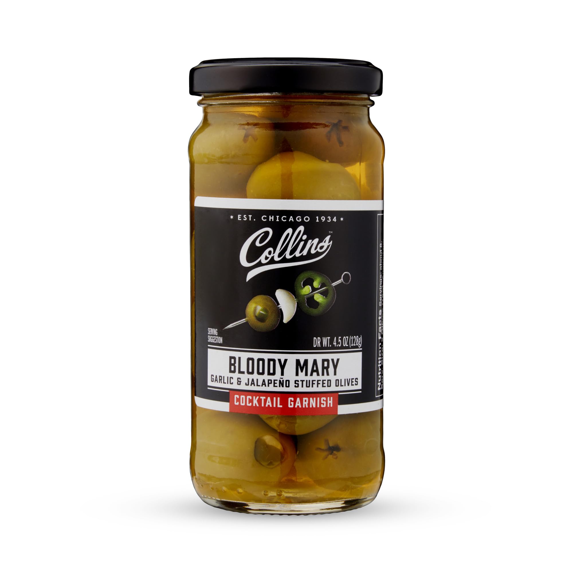 Collins Jalapeno Garlic Stuffed Cocktail Olives 4.5oz - Premium Gourmet Martini & Bloody Mary Garnish - Spicy Jalapeño & Garlic Flavored Olives for Cocktails, Charcuterie Boards & Party Snacks