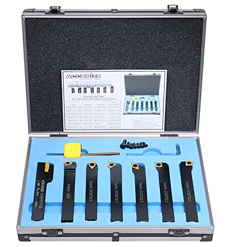 5/8'' Shank 7-Piece Indexable Carbide Turning Tool Set with Fitted Case by Accusize - Perfect for Metal Lathe Turning, Facing & Threading Operations