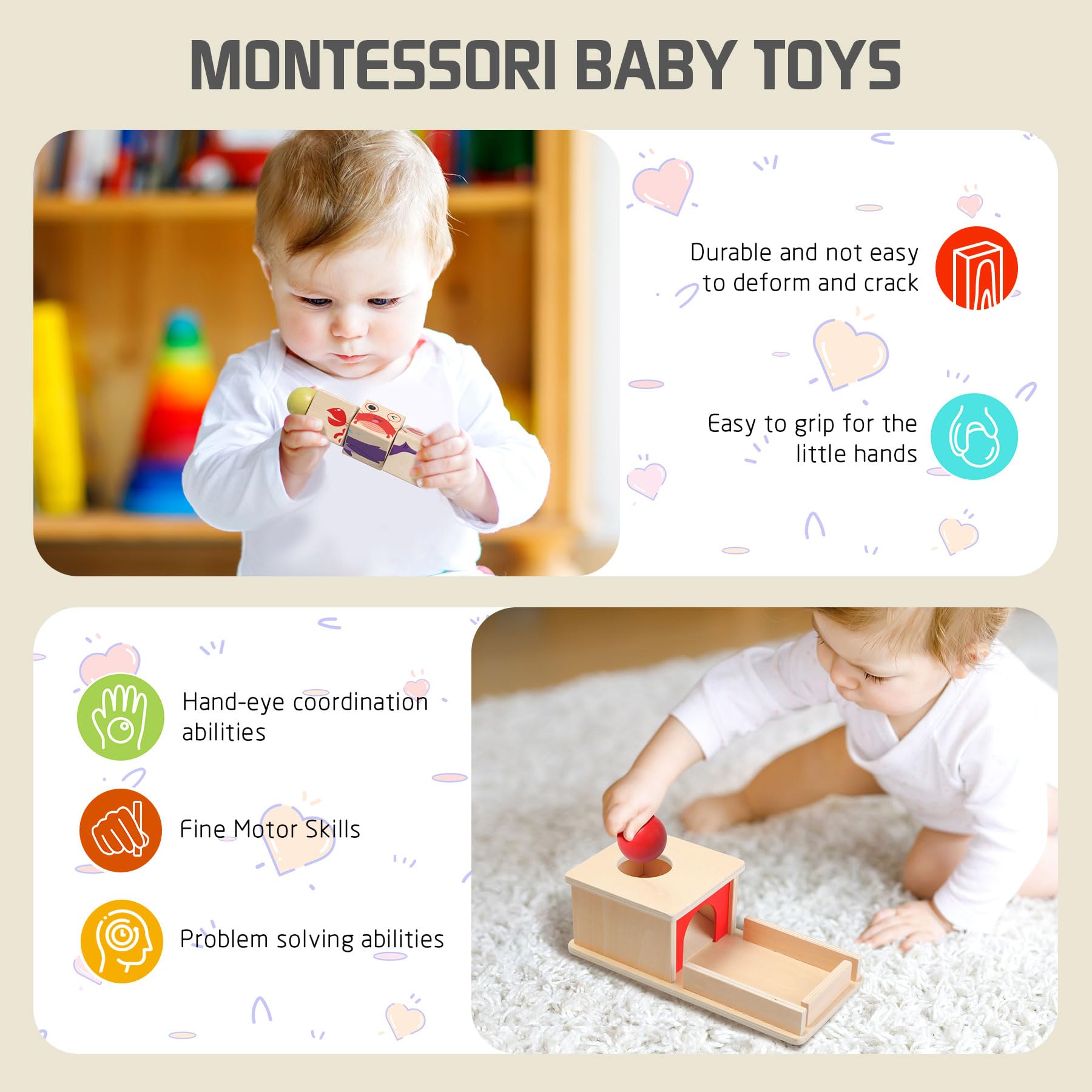 Montessori Toys for Babies 6-12 Months & Toddlers 1-2 Years Old | 8-in-1 Wooden Educational Sensory Toy Set with Stacking Cups, Sensory Balls & Tissue Box | Early Learning Developmental Toys for Infant & Toddler Playtime, Daycare & Home Education