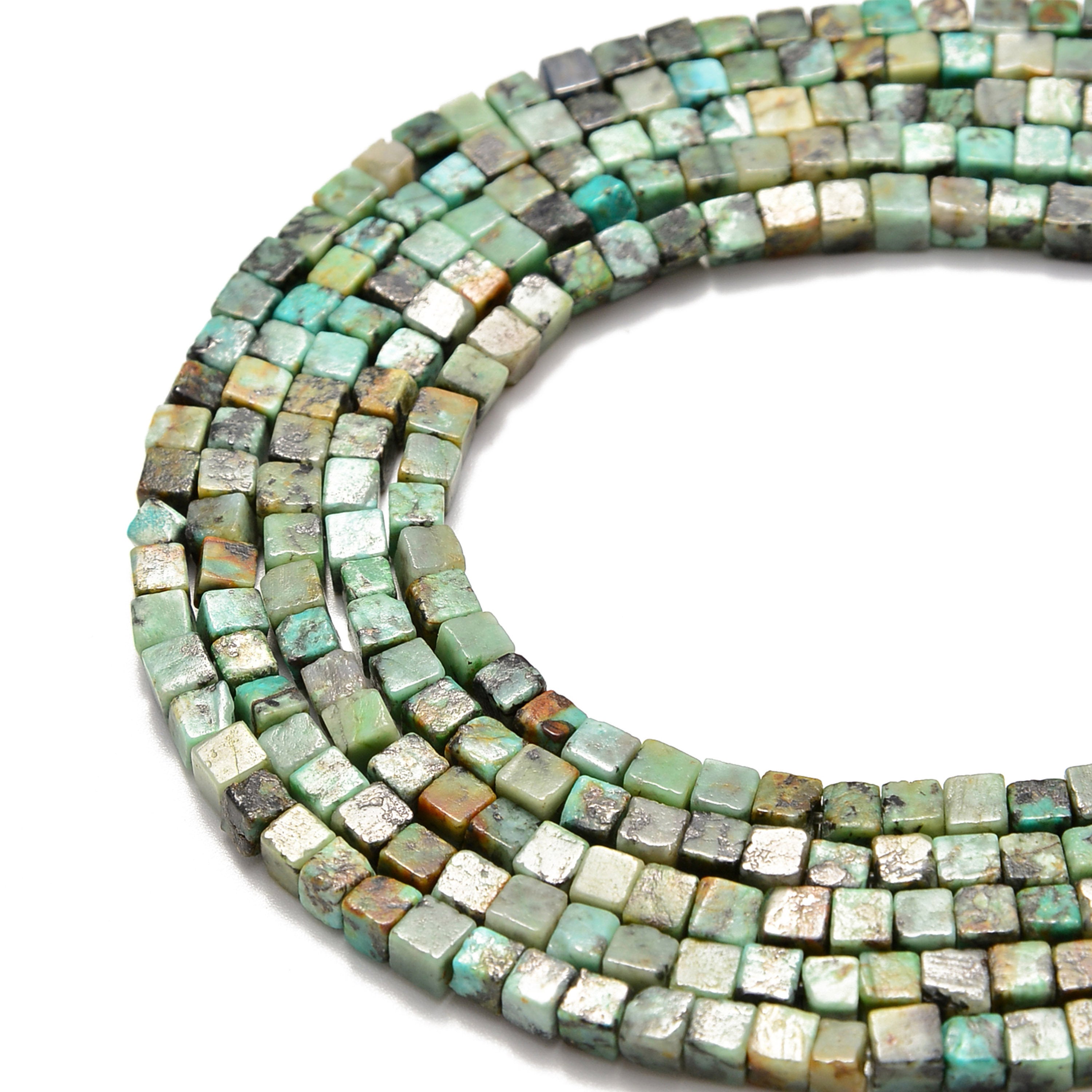 4mm Green African Turquoise Smooth Square Cube Dice Beads - 15.5 Inch Strand for Jewelry Making, DIY Crafts & Beading Projects