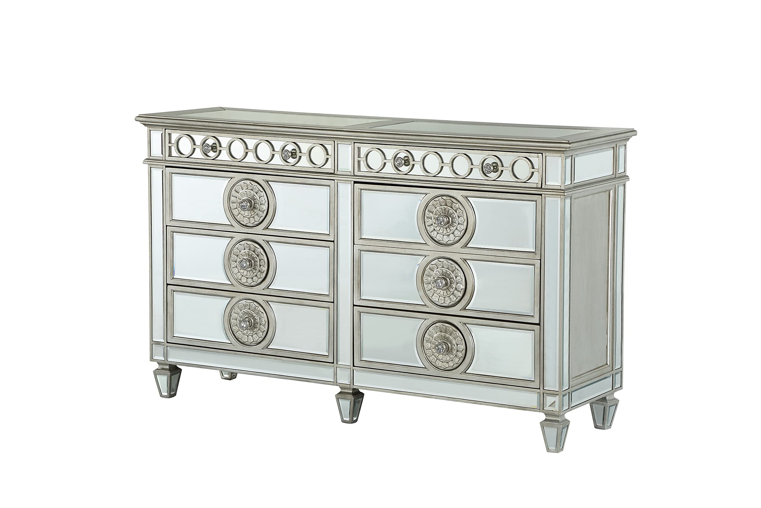 Modern 8-Drawer Dresser with Mirrored Top & Geometric Trim - Wood Storage Cabinet with Mirrored Tapered Legs - Perfect for Bedroom, Closet Organization & Home Decor