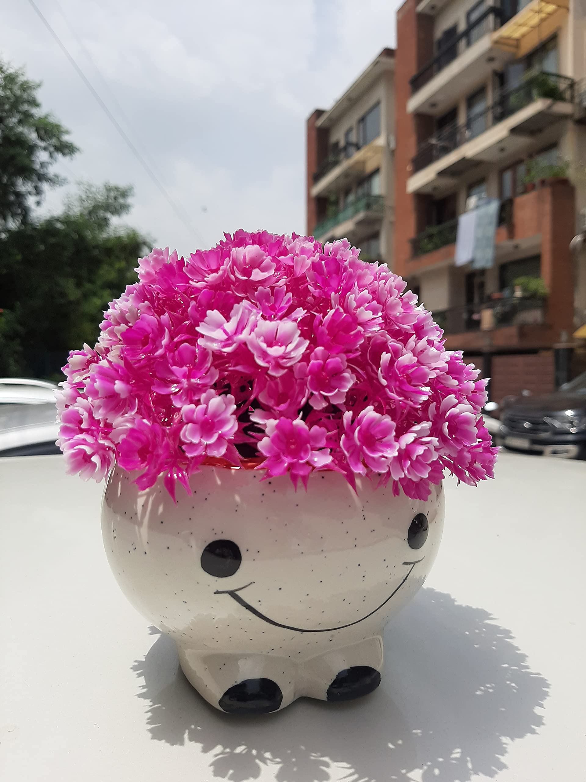Handmade White Ceramic Smiley Face Planter with Artificial Flower - 3 x 4.5 Inch Small Decorative Pot for Home, Office, Windowsill - Perfect for Succulents, Air Plants & Home Décor in Living Room, Bedroom or Dining Area