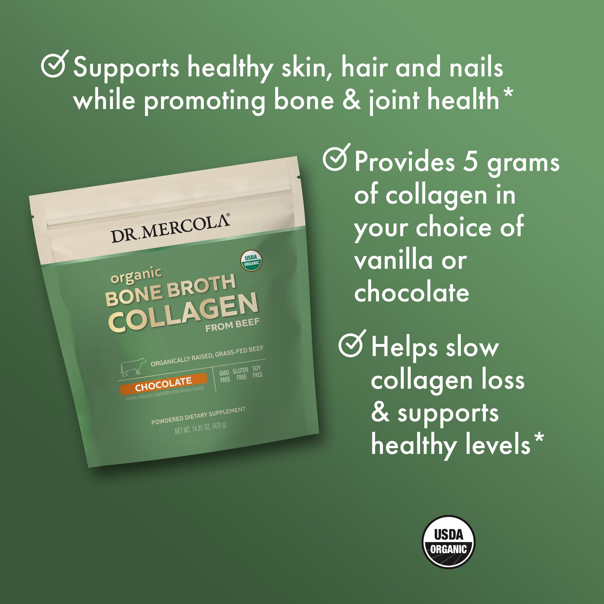 Dr. Mercola Organic Bone Broth Collagen Powder - Chocolate Flavor, 30 Servings (30 Scoops) | USDA Organic, Non-GMO Dietary Supplement for Bone & Joint Support | Perfect for Smoothies, Coffee & Post-Workout Recovery