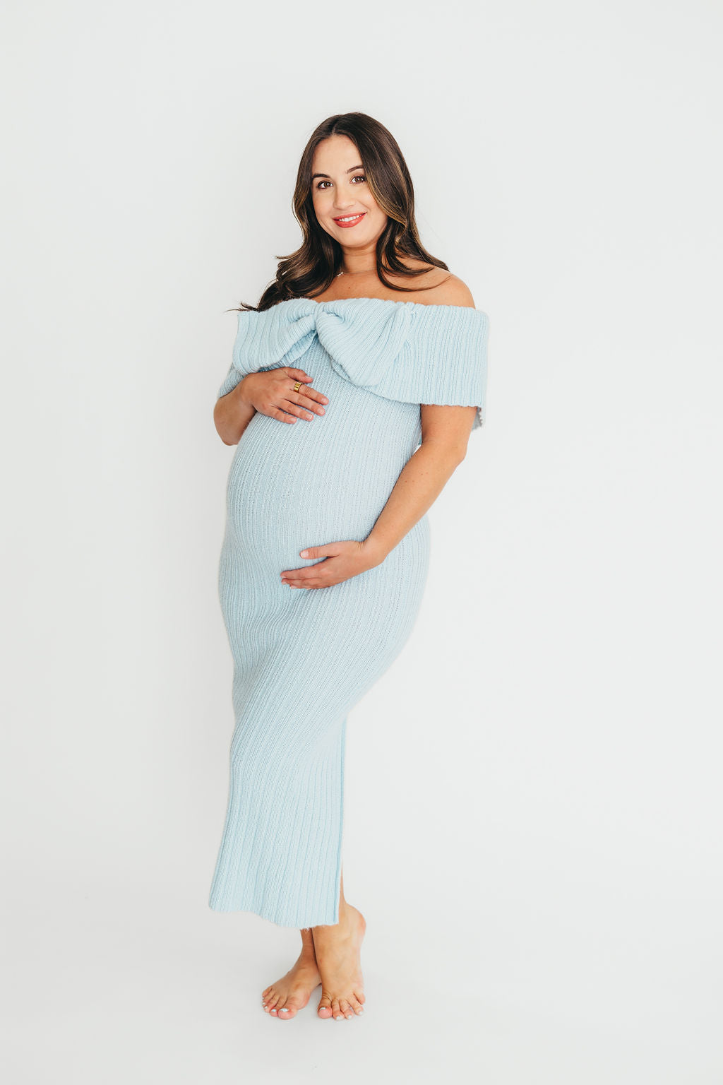 Aston Bow Front Maxi Sweater Dress in Ice Metal - Bump Friendly Maternity & Plus Size (S-3XL) | Winter Layering, Holiday Party Outfit, Casual Office Wear
