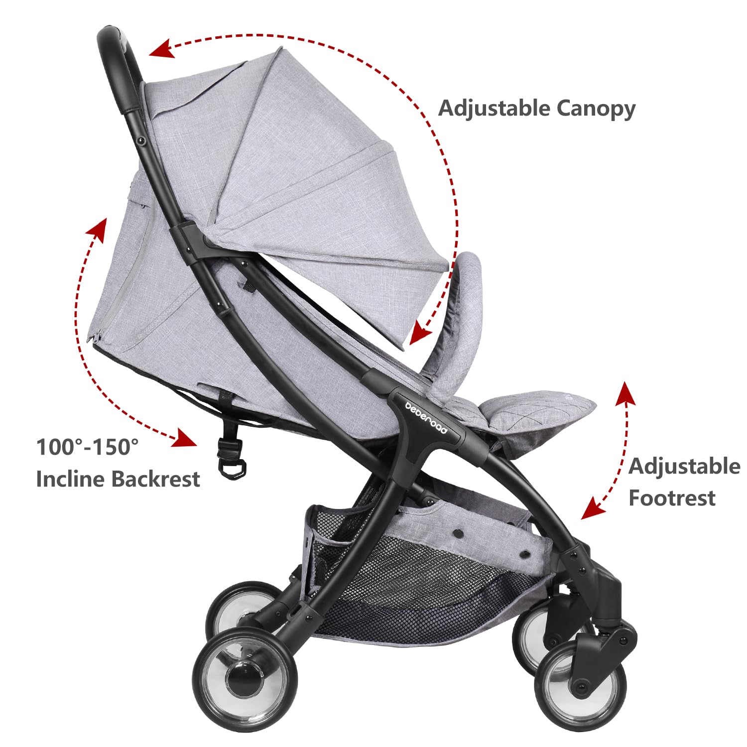 Beberoad Love R2 Compact Lightweight Foldable Travel Stroller for Baby & Toddler - Adjustable Backrest, Cup Holder, Waterproof Canopy - Perfect for Airplane Travel, Shopping & Outdoor Walks (Gray)