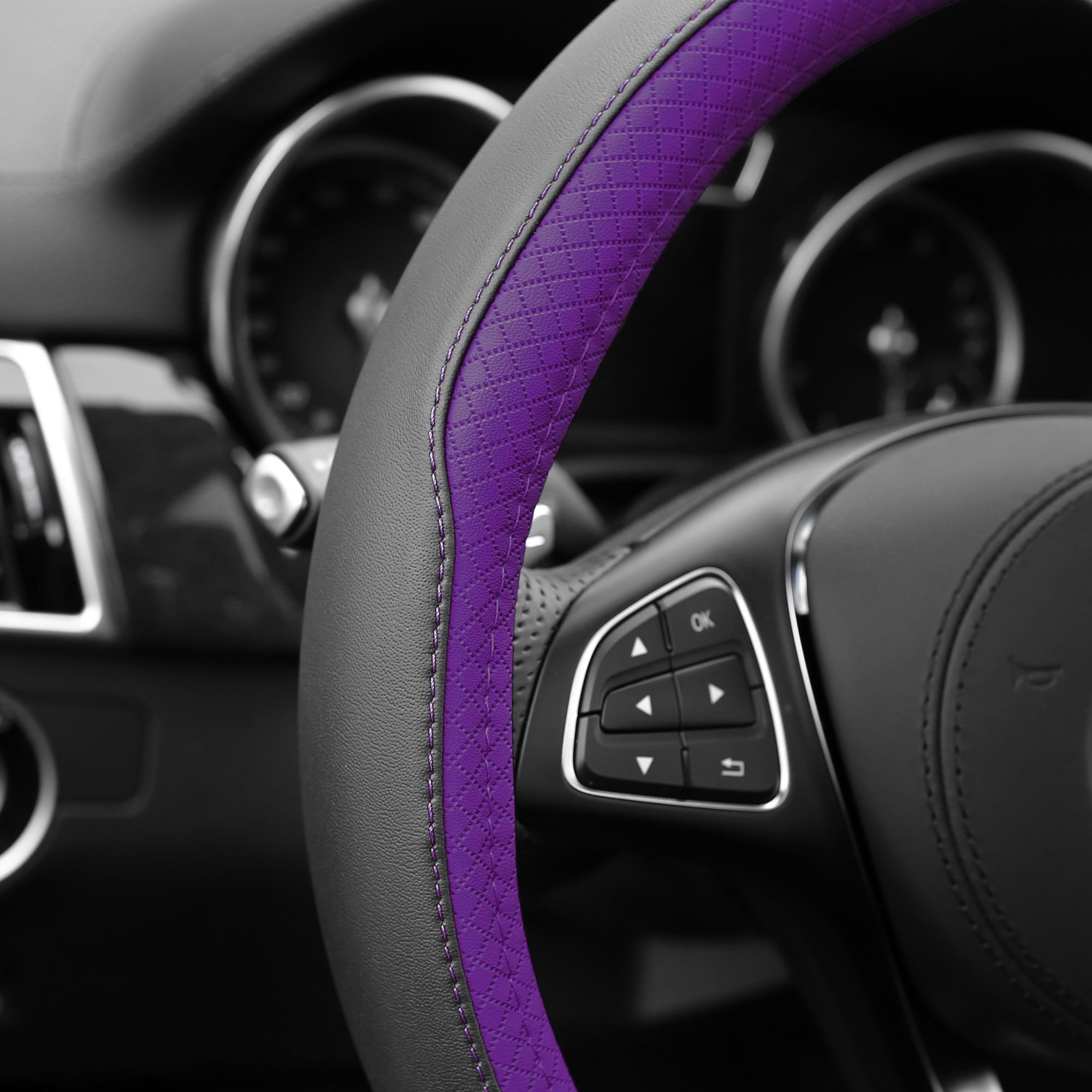 FH Group Geometric Chic Microfiber Leather Steering Wheel Cover - Universal Fit for Cars & SUVs (Purple) | Non-Slip Grip, Heat Protection & Stylish Upgrade for Driving Comfort