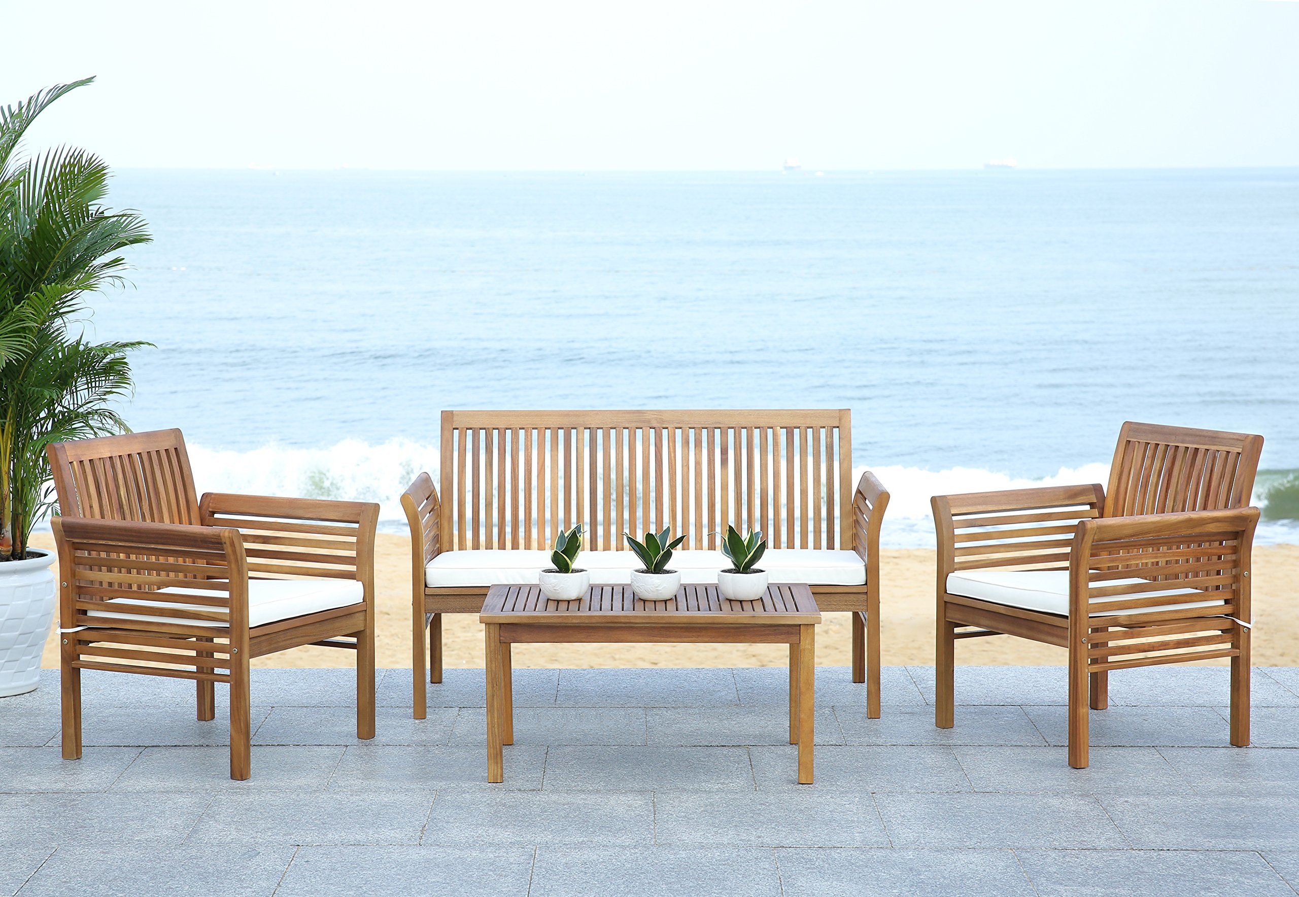 SAFAVIEH Outdoor Collection Carson Natural/Beige 4-Piece Patio Cushion Set for Conversation Area - Water-Resistant Outdoor Furniture Cushions for Garden, Poolside & Backyard Relaxation