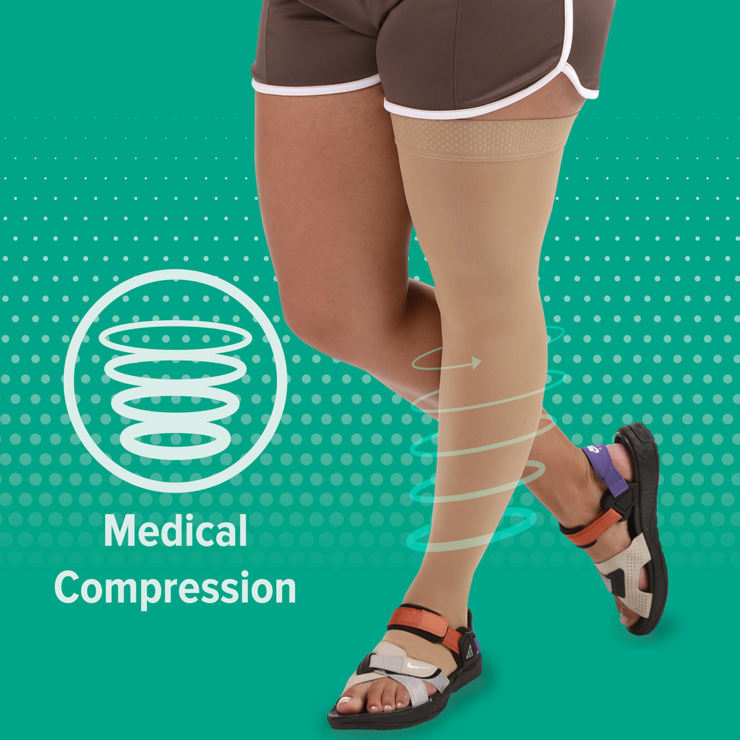 Juzo Dynamic Varin Closed Toe Thigh High Compression Stockings 20-30 mmHg for Men & Women - 2-Way Stretch Medical Grade Support Socks with Silicone Top Band - Made in USA, Beige, Petite Size - Ideal for Lymphedema, Varicose Veins & Post-Surgery Recovery