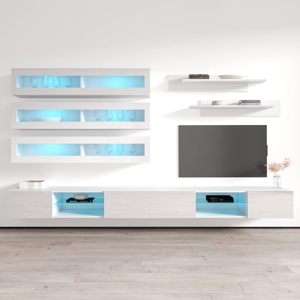 Modern White Wall-Mounted TV Stand with Storage & LED Lights - Floating Entertainment Center Console for Bedroom & Living Room - Meble Furniture Fly J3 33