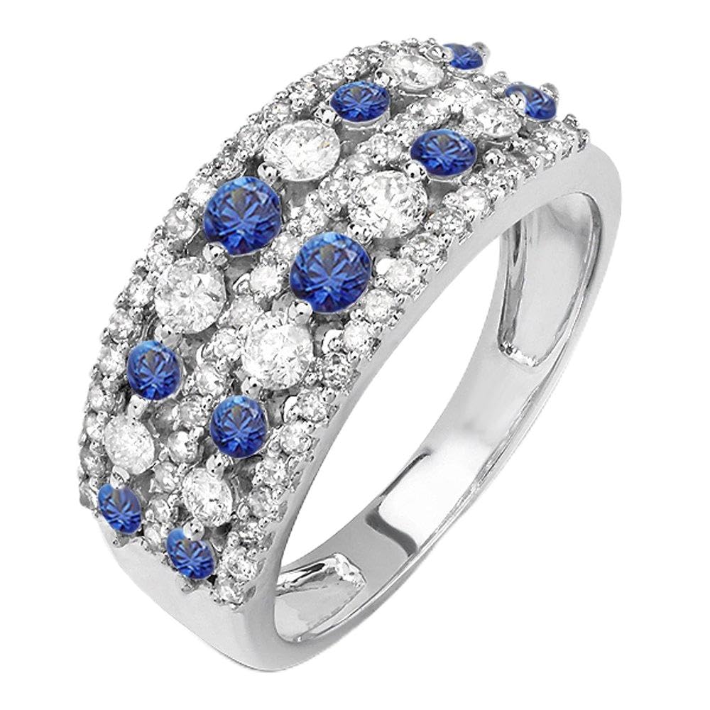 18K White Gold Round Blue Sapphire & Diamond Women's Wedding Band Ring - Anniversary Gift for Her, Elegant & Durable Jewelry for Bridal, Engagement, or Special Occasions