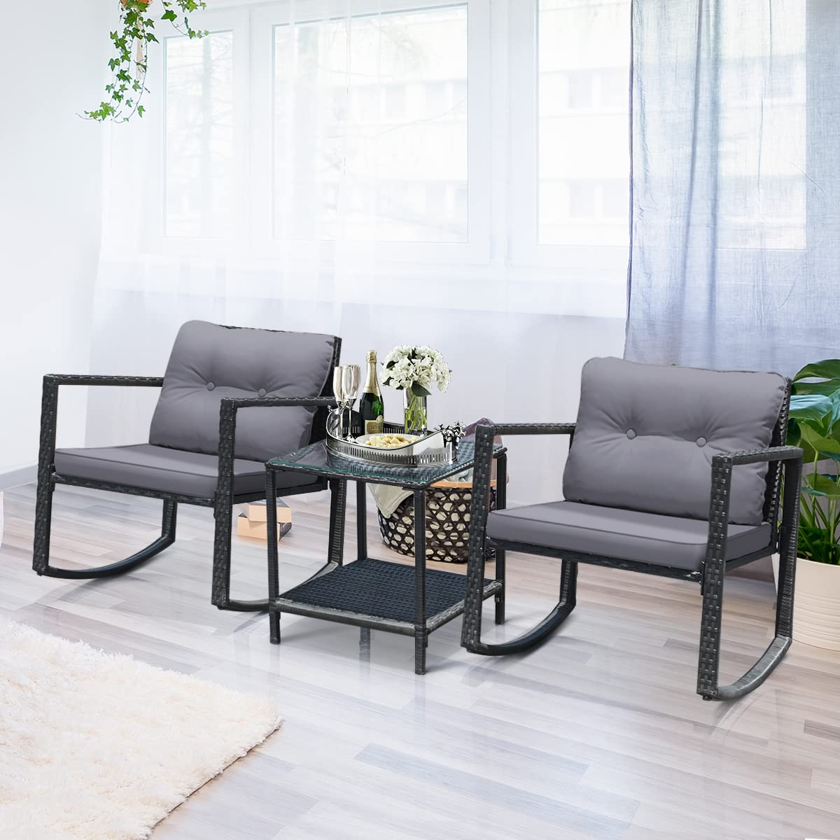 Tangkula 3-Piece Outdoor Patio Wicker Rocking Bistro Set with Cushioned Chairs, Glass Coffee Table & Storage Shelf - Gray | Perfect for Backyard, Garden, Deck or Balcony Relaxation