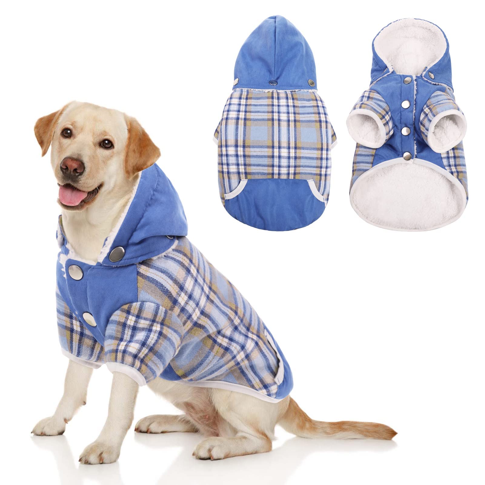 SAWMONG Fleece Dog Winter Coat - Thickened Plaid Pet Jacket with Detachable Hood, Warm Dog Sweater for Small, Medium & Large Breeds - Perfect for Cold Weather Walks & Outdoor Adventures